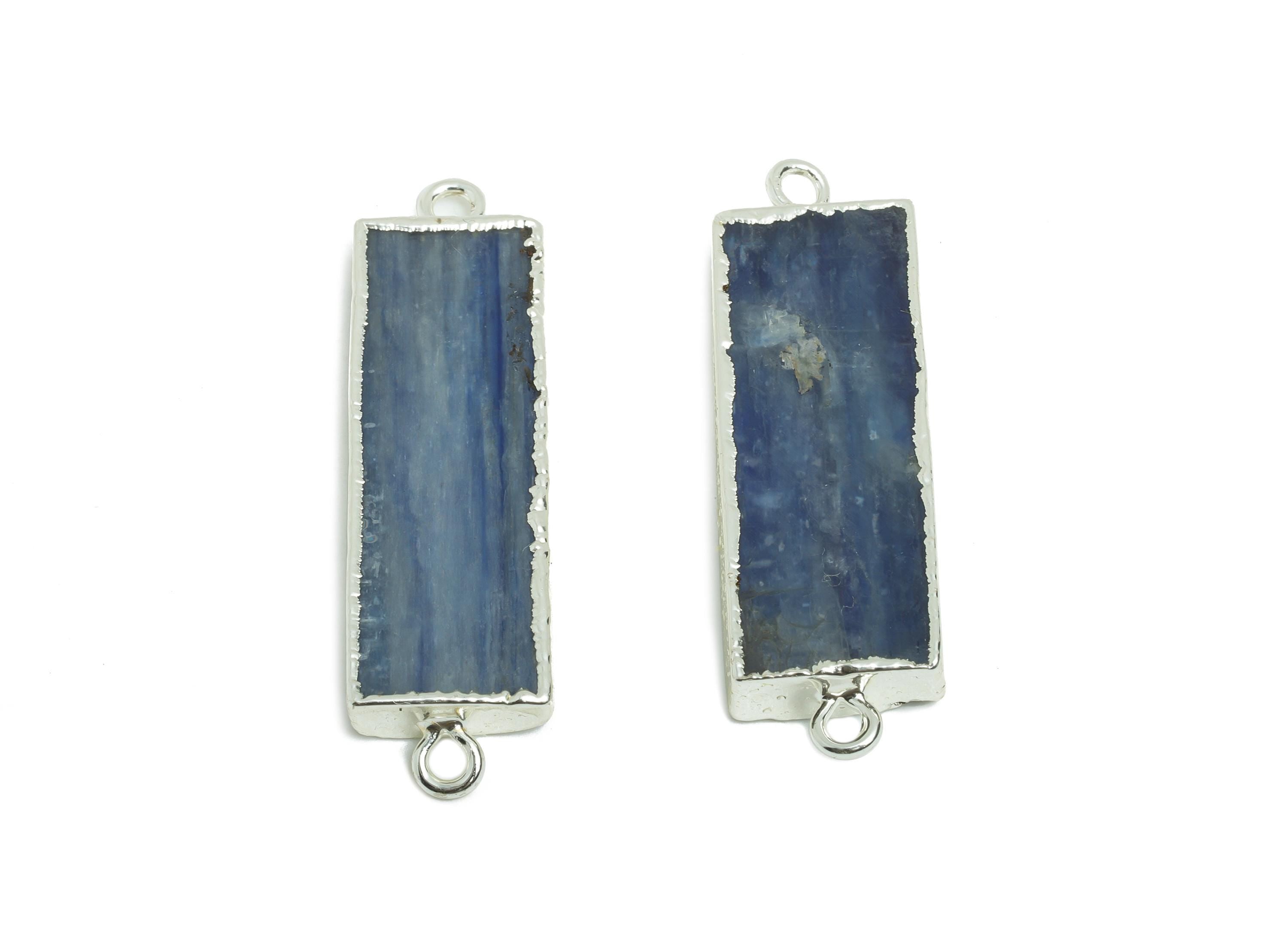Kyanite Stick Stone Charm - Rectangle Long Bar Bracelet Connector - Healing Stone Jewelry - 14K White Gold Plated - 36.94x11.3x4mm - NS2404 - DOMEDBAZAAR