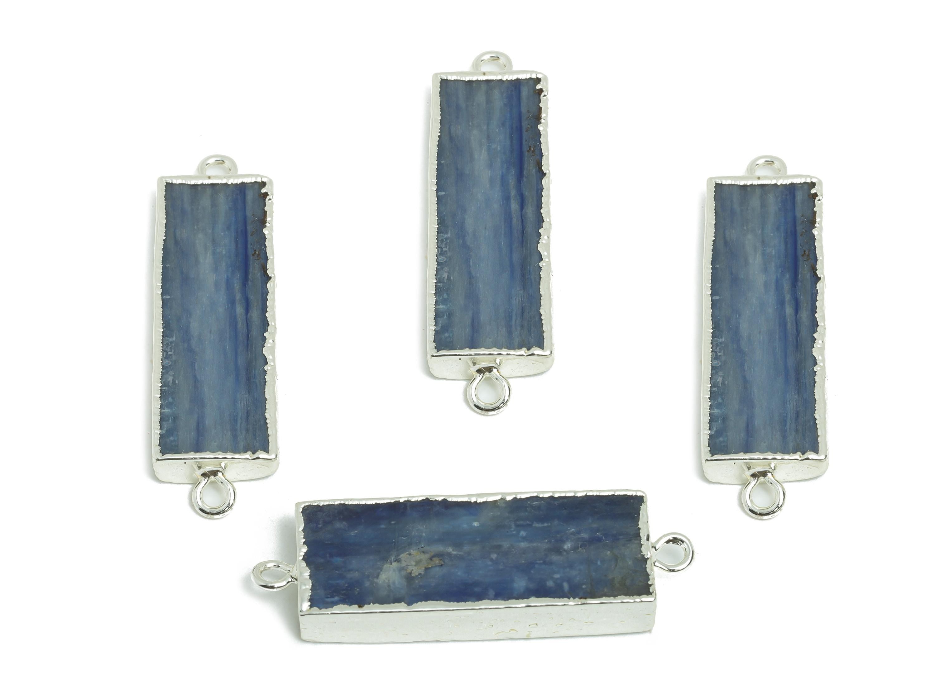 Kyanite Stick Stone Charm - Rectangle Long Bar Bracelet Connector - Healing Stone Jewelry - 14K White Gold Plated - 36.94x11.3x4mm - NS2404 - DOMEDBAZAAR