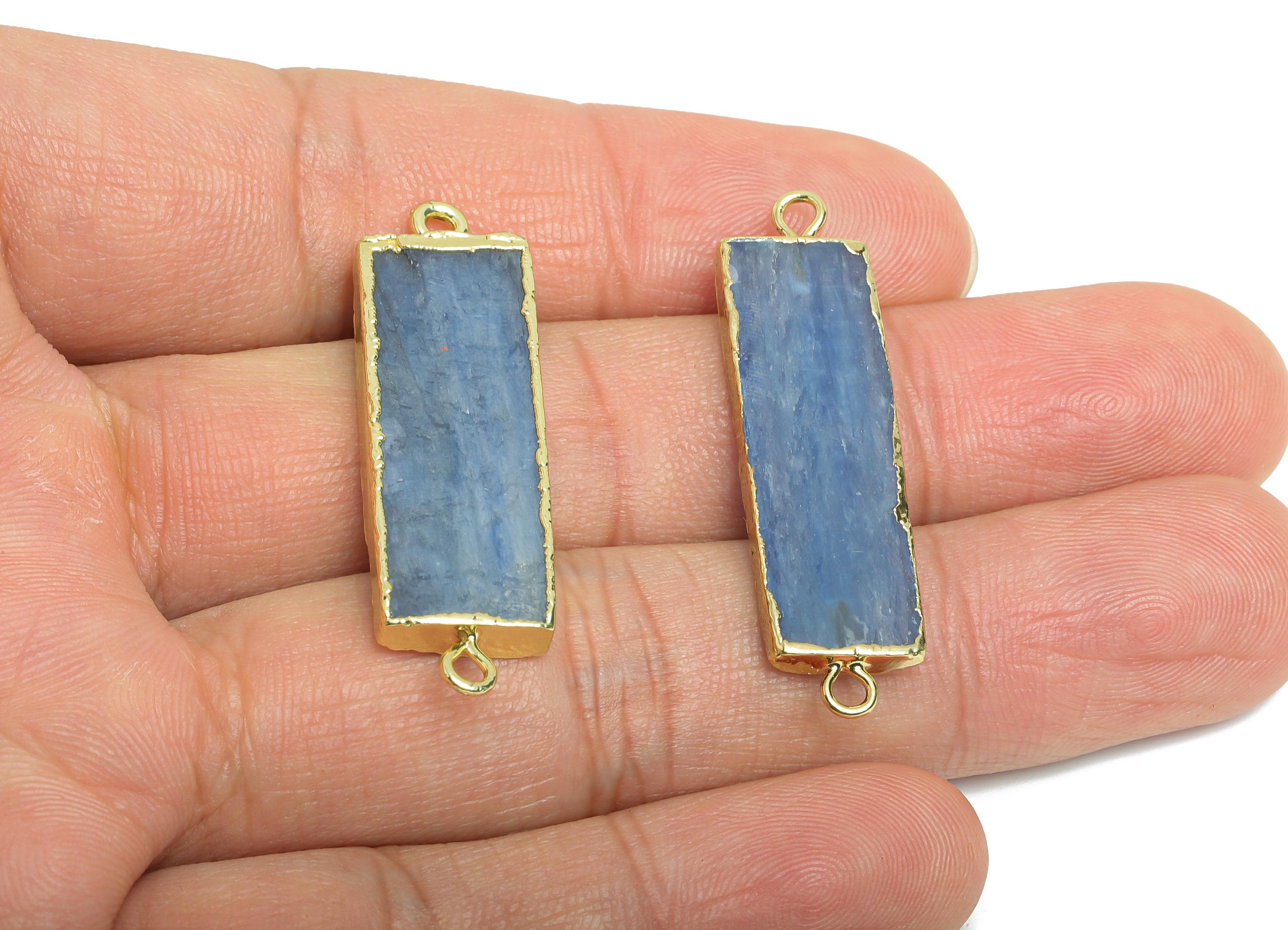 Kyanite Stick Natural Stone Charm - Rectangle Long Bar Bracelet Connector - Healing Stone Jewelry - 14K Gold Plated - 38.7x10.6x3mm - NS2403 - DOMEDBAZAAR