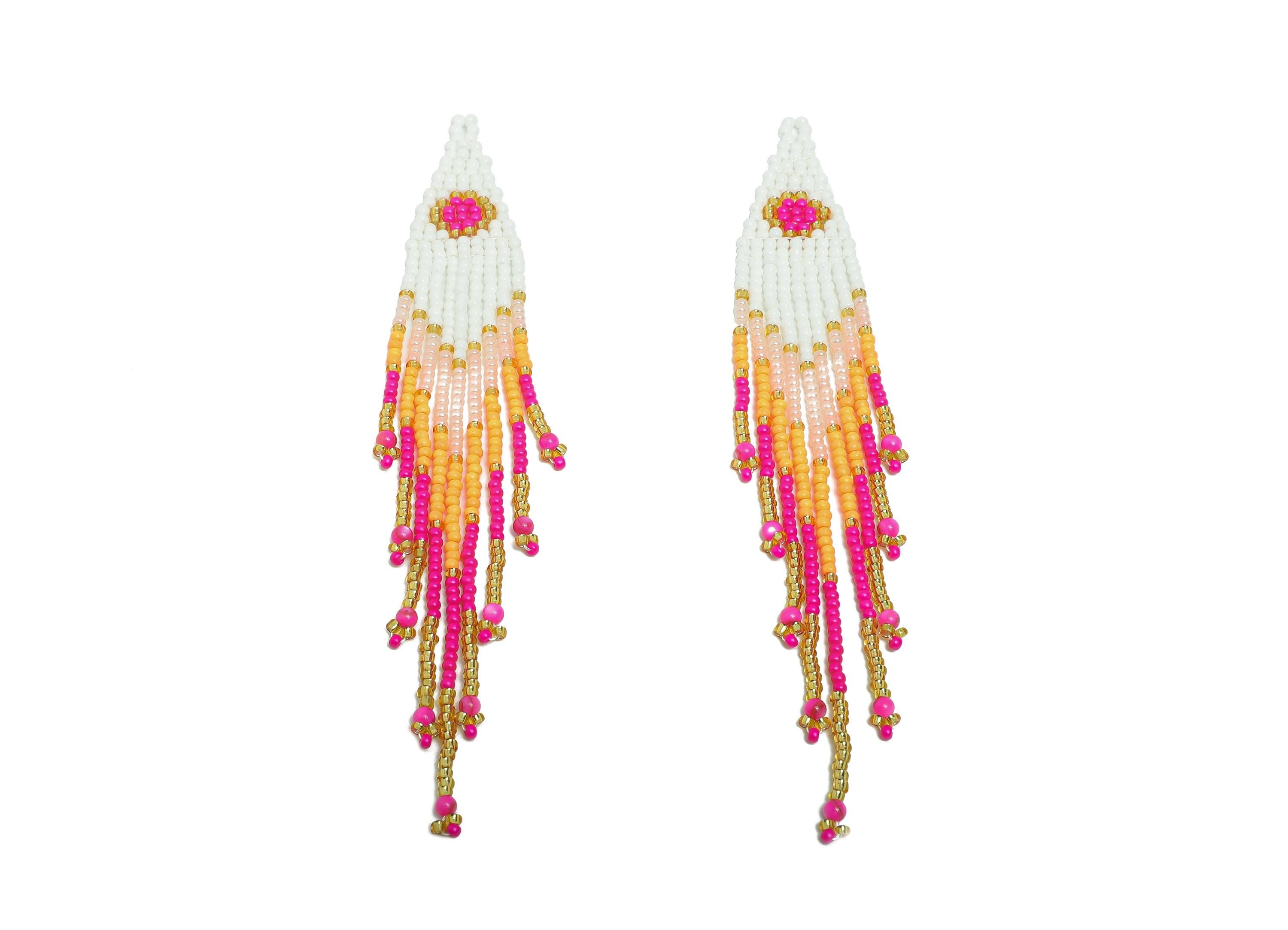 Beaded Tassel Earring Charm - Colorful Handmade Glass Beaded Long Fringe Charm - Trendy Boho Jewelry - Jewelry Making - 126x25x2mm - TH1084