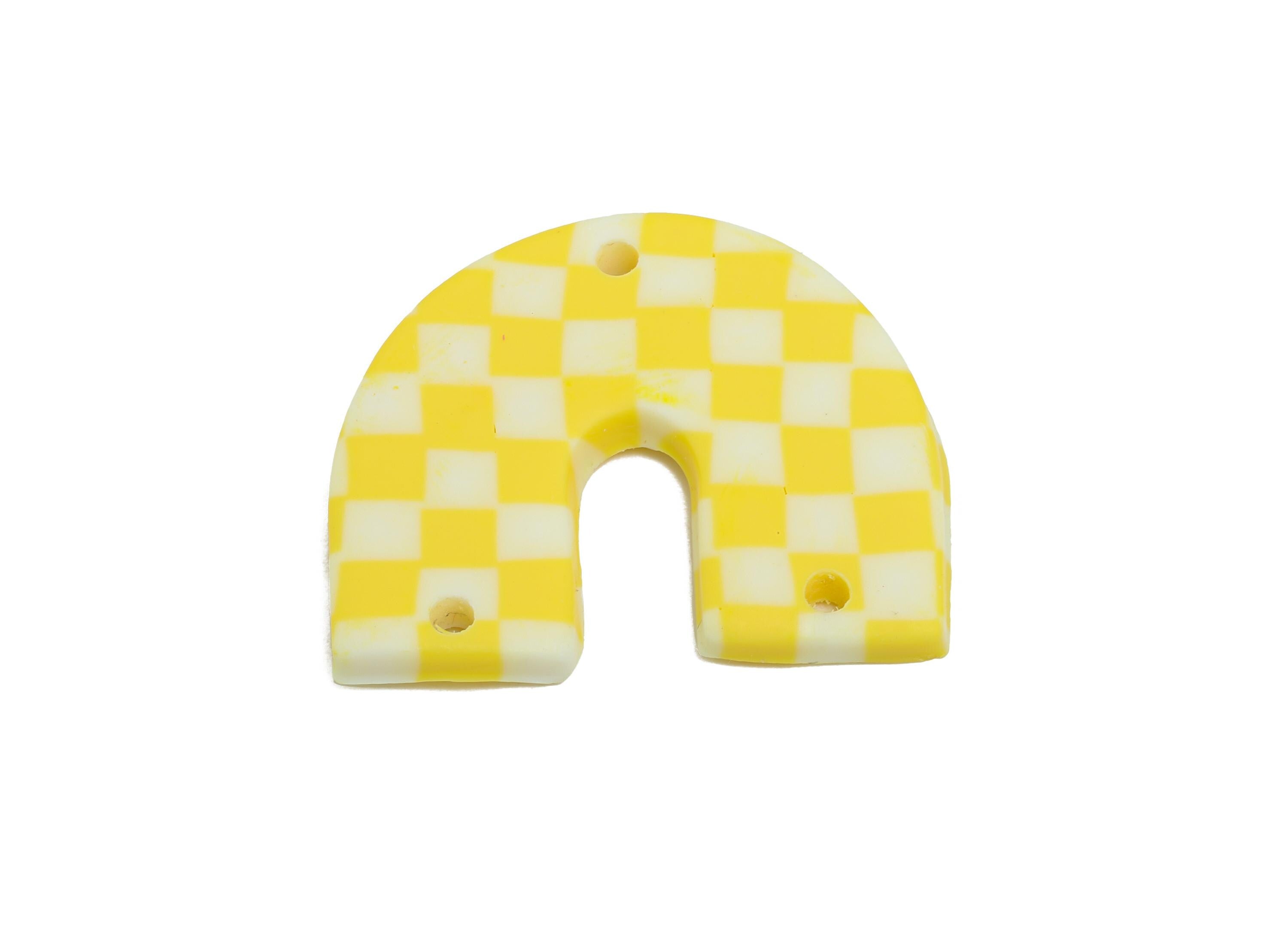 Polymer Clay Arch Charm - Handmade Checkerboard Pendant - Yellow And White Arch Jewelry Connector - Checkered Jewelry - 22x28x2mm - PC2404