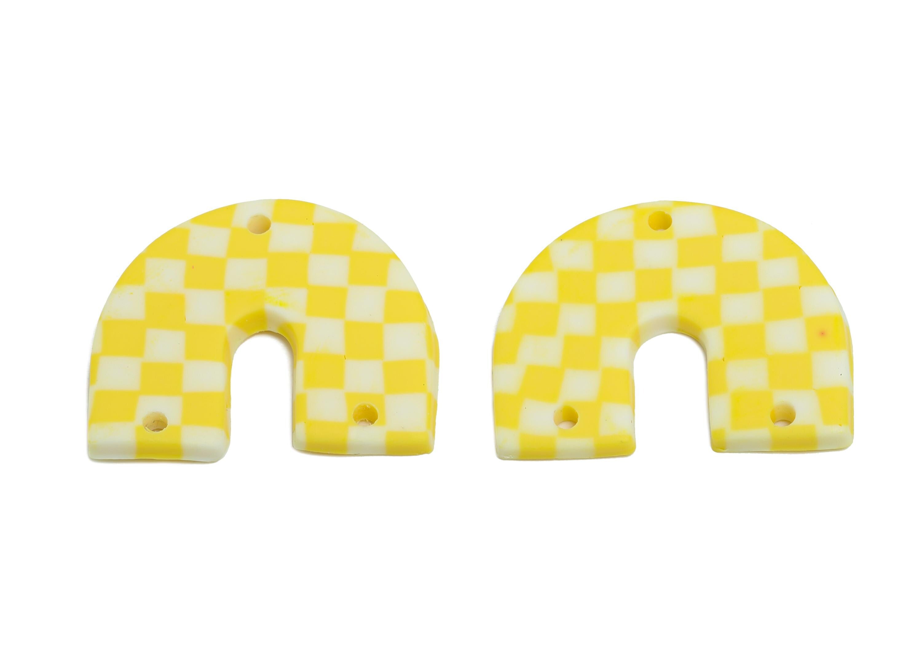 Polymer Clay Arch Charm - Handmade Checkerboard Pendant - Yellow And White Arch Jewelry Connector - Checkered Jewelry - 22x28x2mm - PC2404