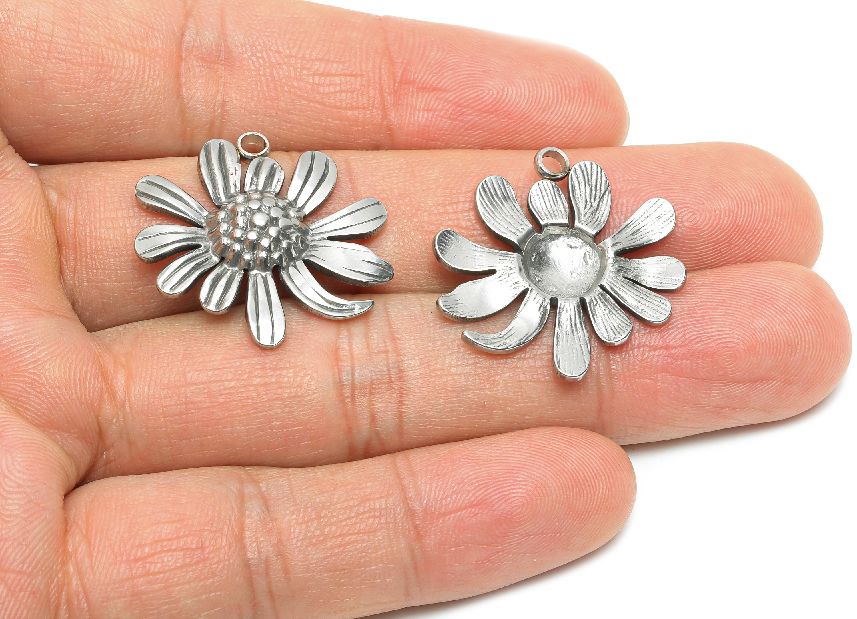 Steel Daisy Pendant - Handmade Silver Flower Necklace Pendant - Statement Botanical Floral Pendant - Steel Jewelry DIY - 23x26x3mm - SS2202 - DOMEDBAZAAR