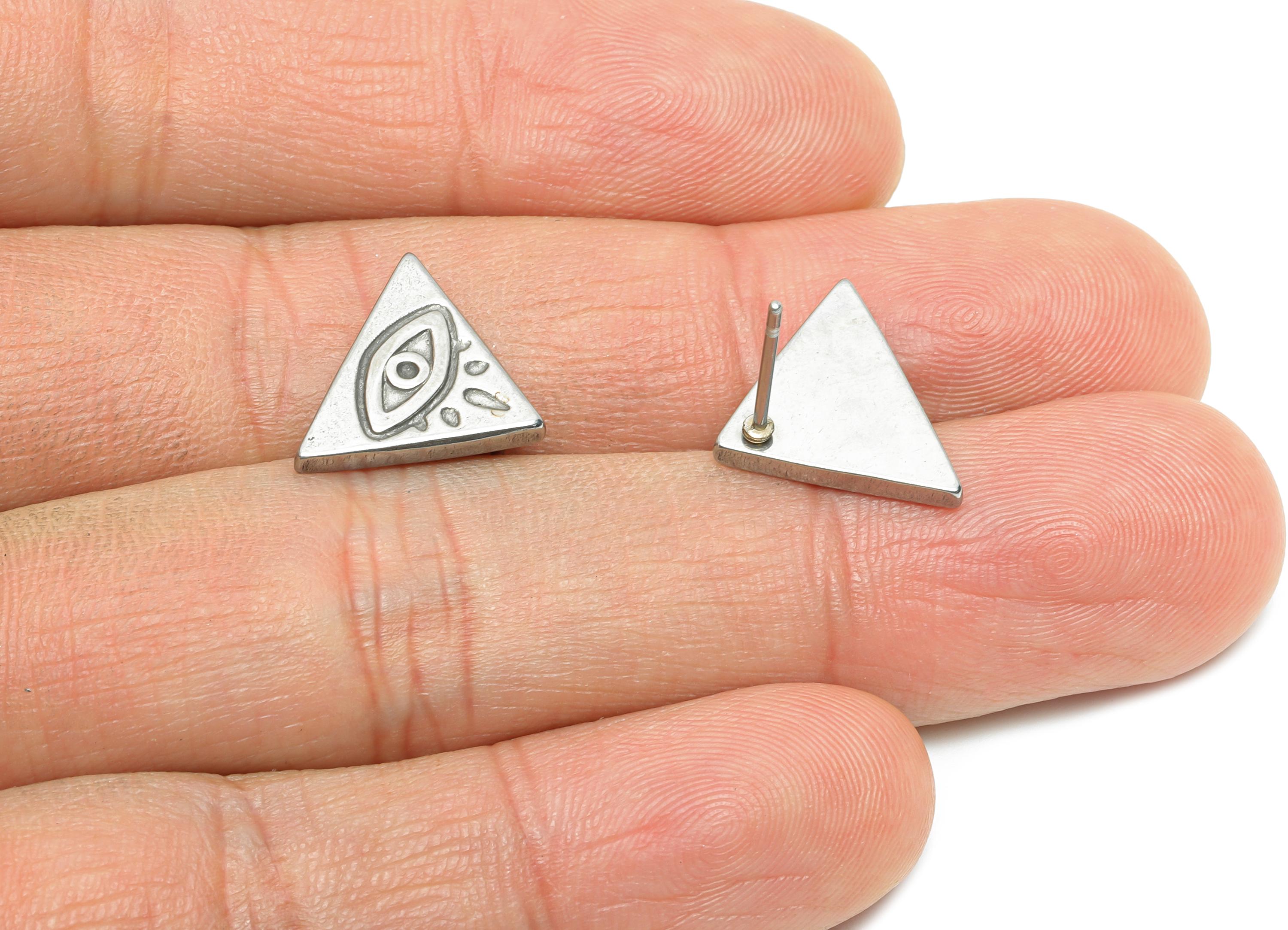 Steel Evil Eye Earring Studs - Triangle Silver Eye Earring Posts - Minimalist Geometric Studs - Earring Finding - 15.85x11.78x1.8mm - SS2156 - DOMEDBAZAAR