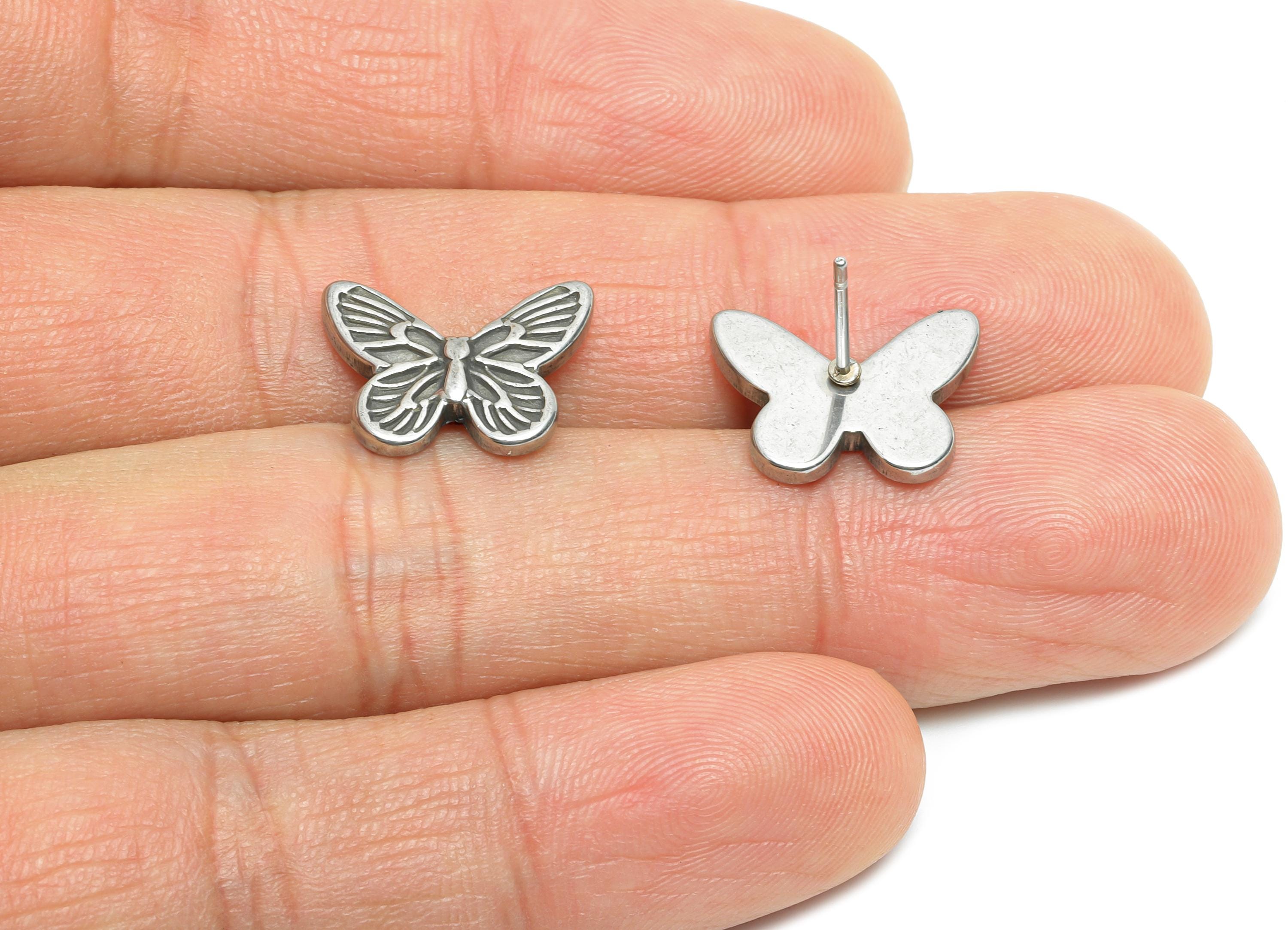 Steel Butterfly Studs - Whimsical Insect Earring Post - Vintage Butterfly Earring Stud - Steel Jewelry Finding - 11.67x15.3x1.83mm - SS2177 - DOMEDBAZAAR