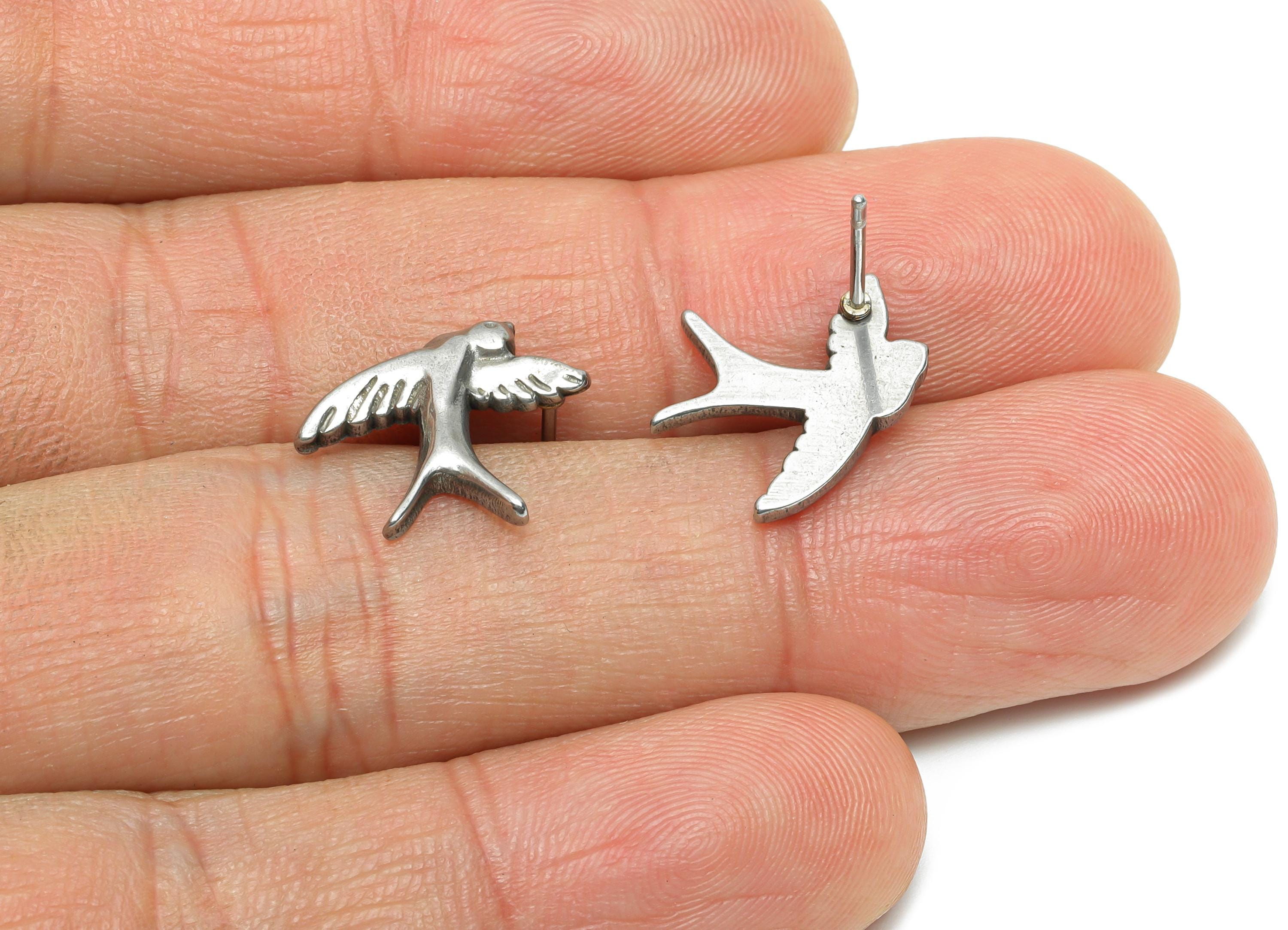 Stainless Steel Swallow Studs - Silver Vintage Bird Earring Posts - Minimalist Animal Earring Stud - Steel Finding - 13x15.38x2mm - SS2167 - DOMEDBAZAAR