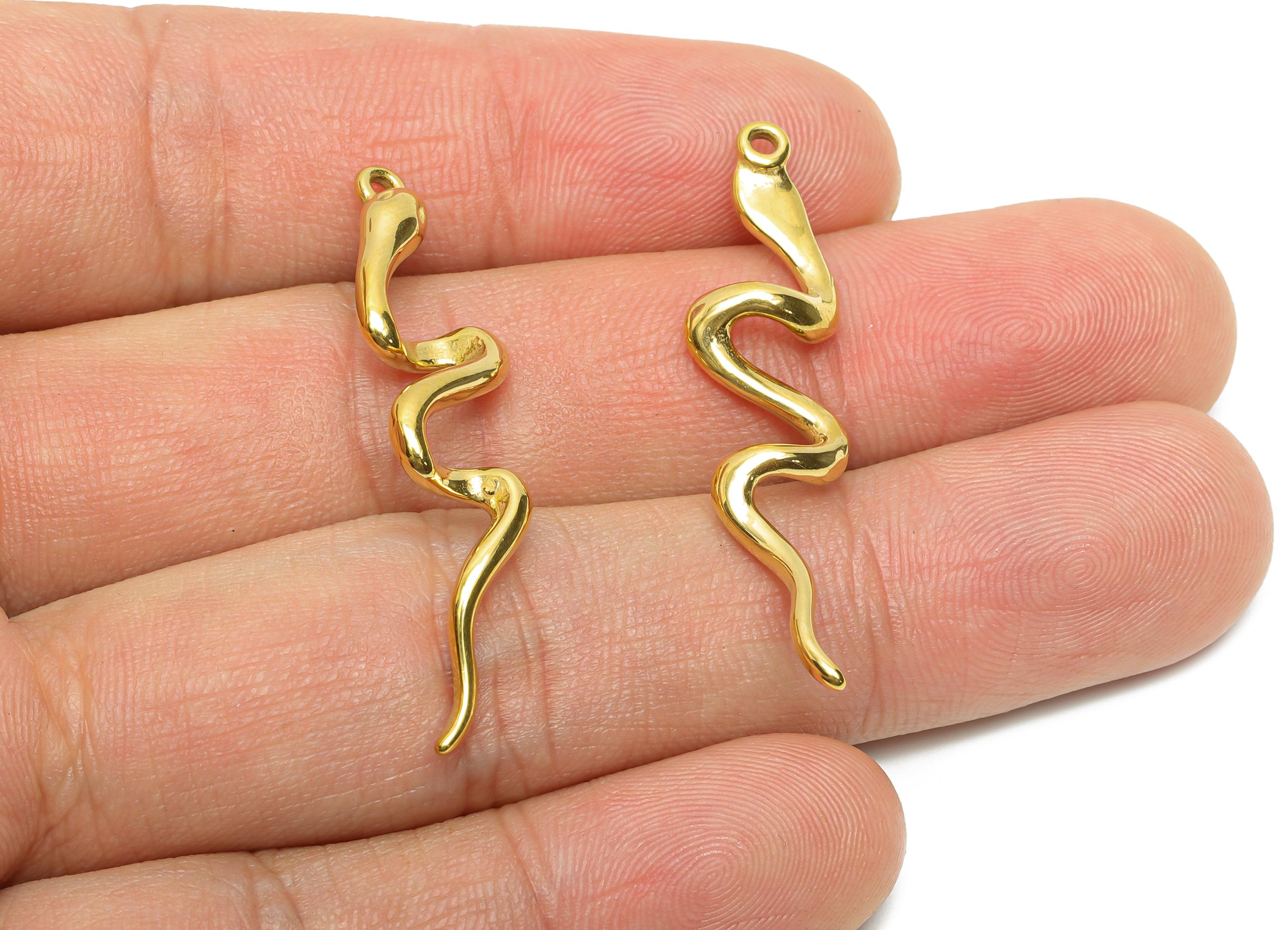 Gold Steel Snake Charms - Steel Curved Snake Pendant - Sleek Snake Necklace Charm - Steel Jewelry - Gold Tone Plated - 40x9x4.91mm - SS2054G - DOMEDBAZAAR