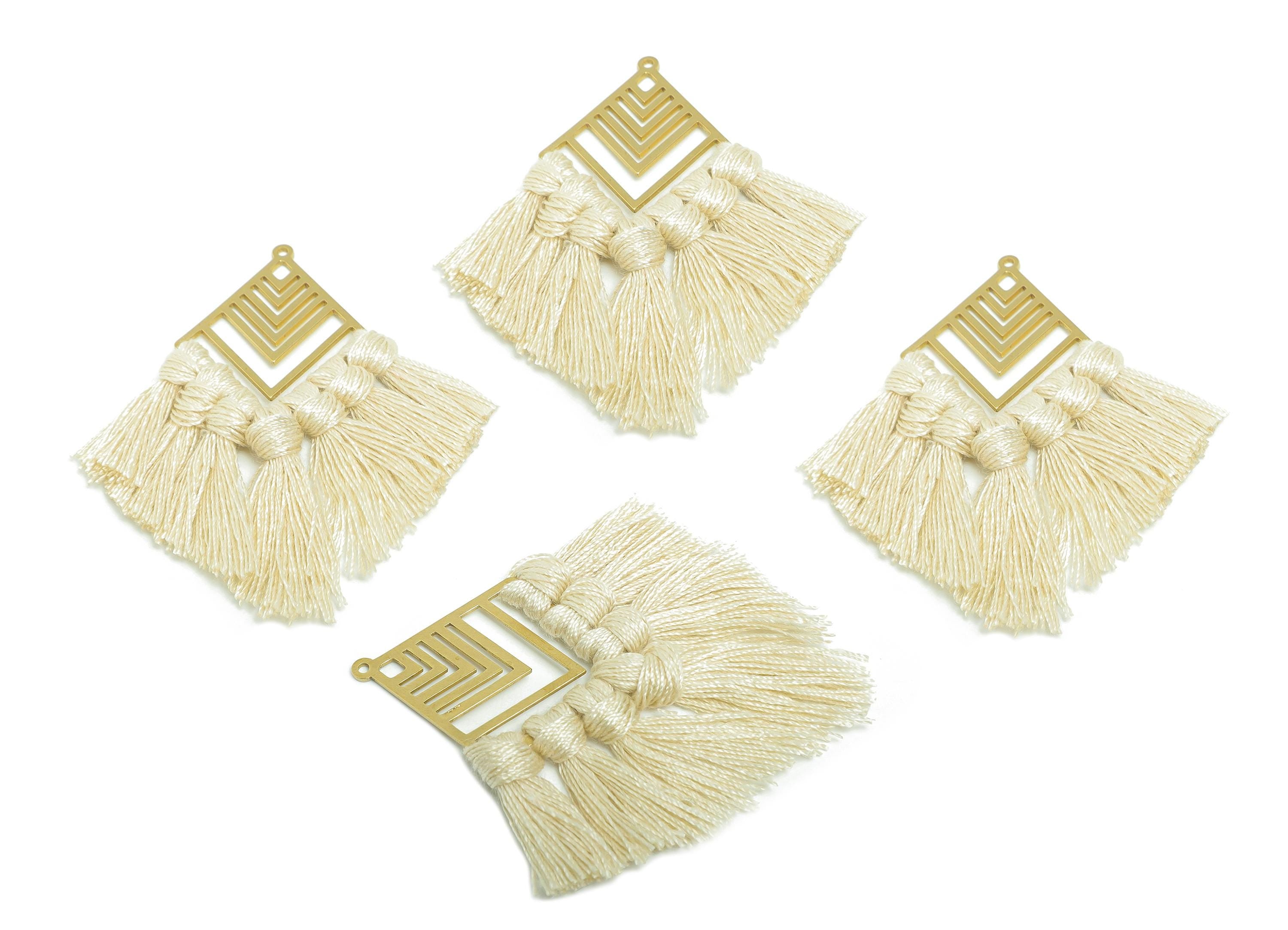 Boho Geometric Tassel Earring Charm - Raw Brass Rhombus Cotton Fringe - Handmade Woven Dangle Charm - Jewelry Making - 74x29.7x2mm -TSM1932