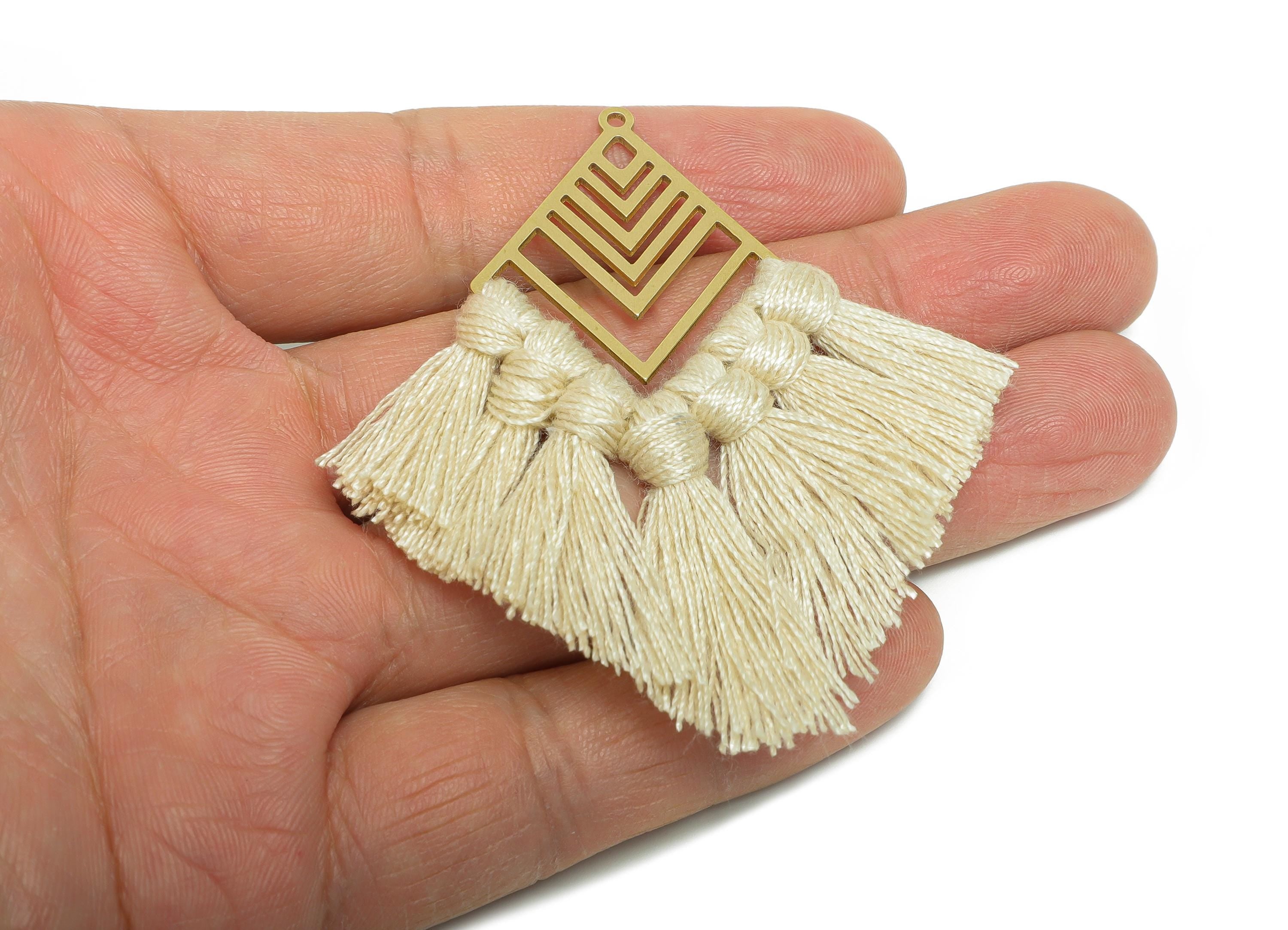 Boho Geometric Tassel Earring Charm - Raw Brass Rhombus Cotton Fringe - Handmade Woven Dangle Charm - Jewelry Making - 74x29.7x2mm -TSM1932