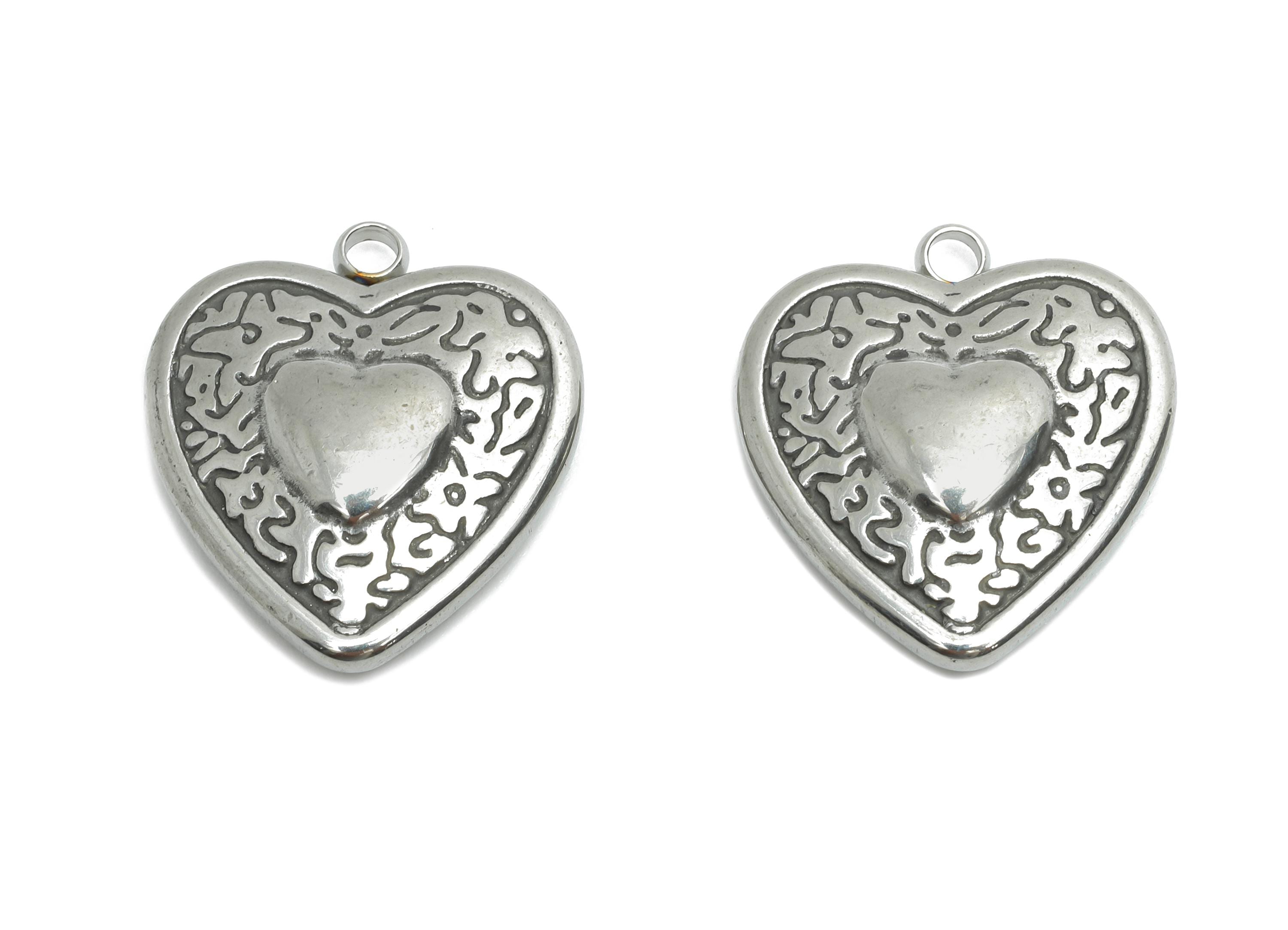 Steel Heart Pendant - Refined Silver Heart Charms - Unique Handmade Heart Jewelry - Steel Jewelry Accessories - 18.54x16.55x4.42mm - SS2192 - DOMEDBAZAAR