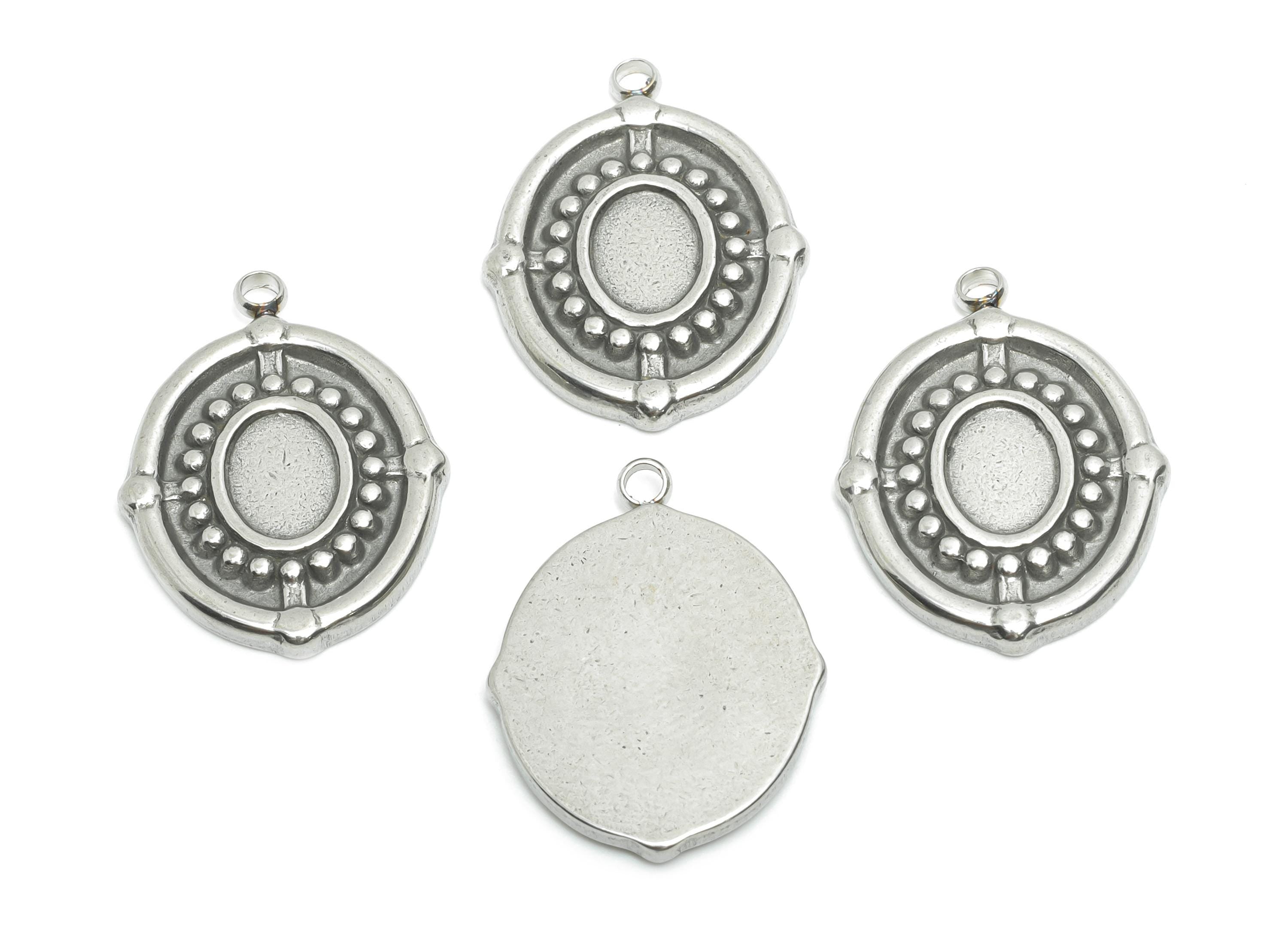 Steel Oval Charms - Vintage Silver Geometric Necklace Pendant - Elegant Handmade Metal Jewelry - Steel Findings - 23x17.3x2.23mm - SS2199 - DOMEDBAZAAR