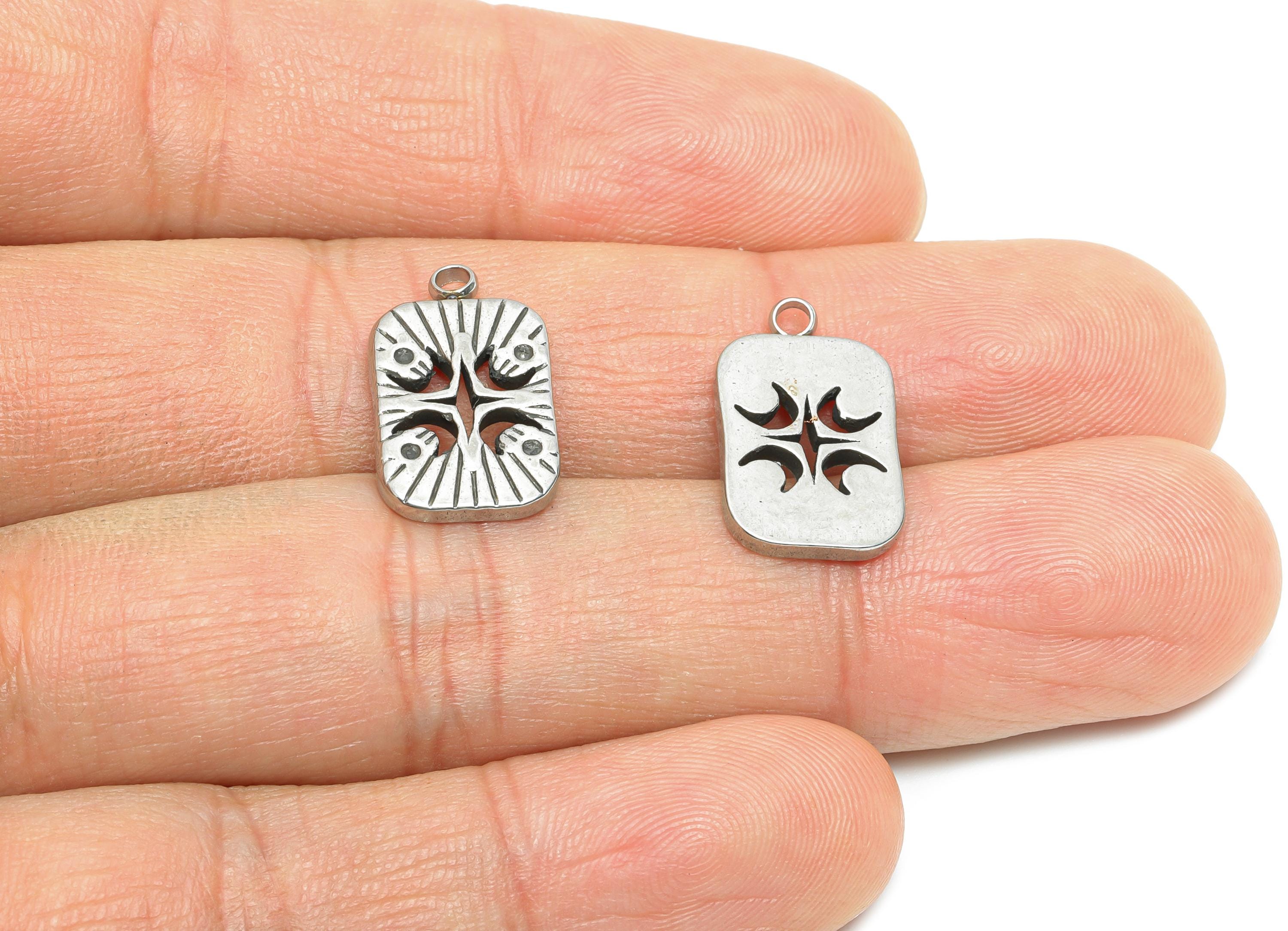 Steel Rectangle Charm - Vintage Geometric Moon Necklace Pendant - Rustic Silver Talisman Pendant - Steel Finding - 17.8x10.59x1.7mm - SS2200 - DOMEDBAZAAR