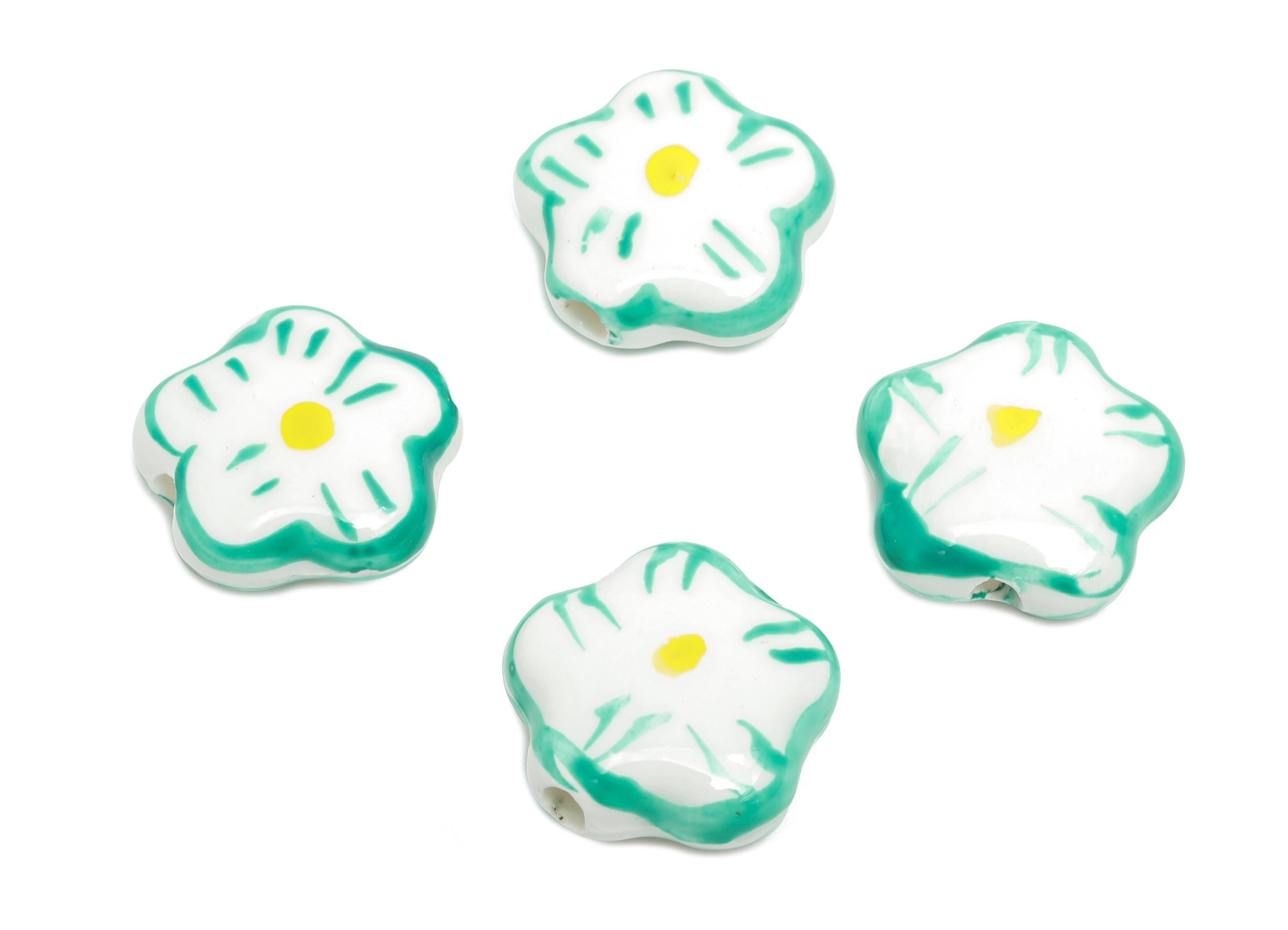 Glazed Ceramic Daisy Beads - Green Flower Bead Connectors - Handmade Jewelry Component - Jewelry Supplies Bead - 14.76x14.46x6.4mm - NS2854A - DOMEDBAZAAR