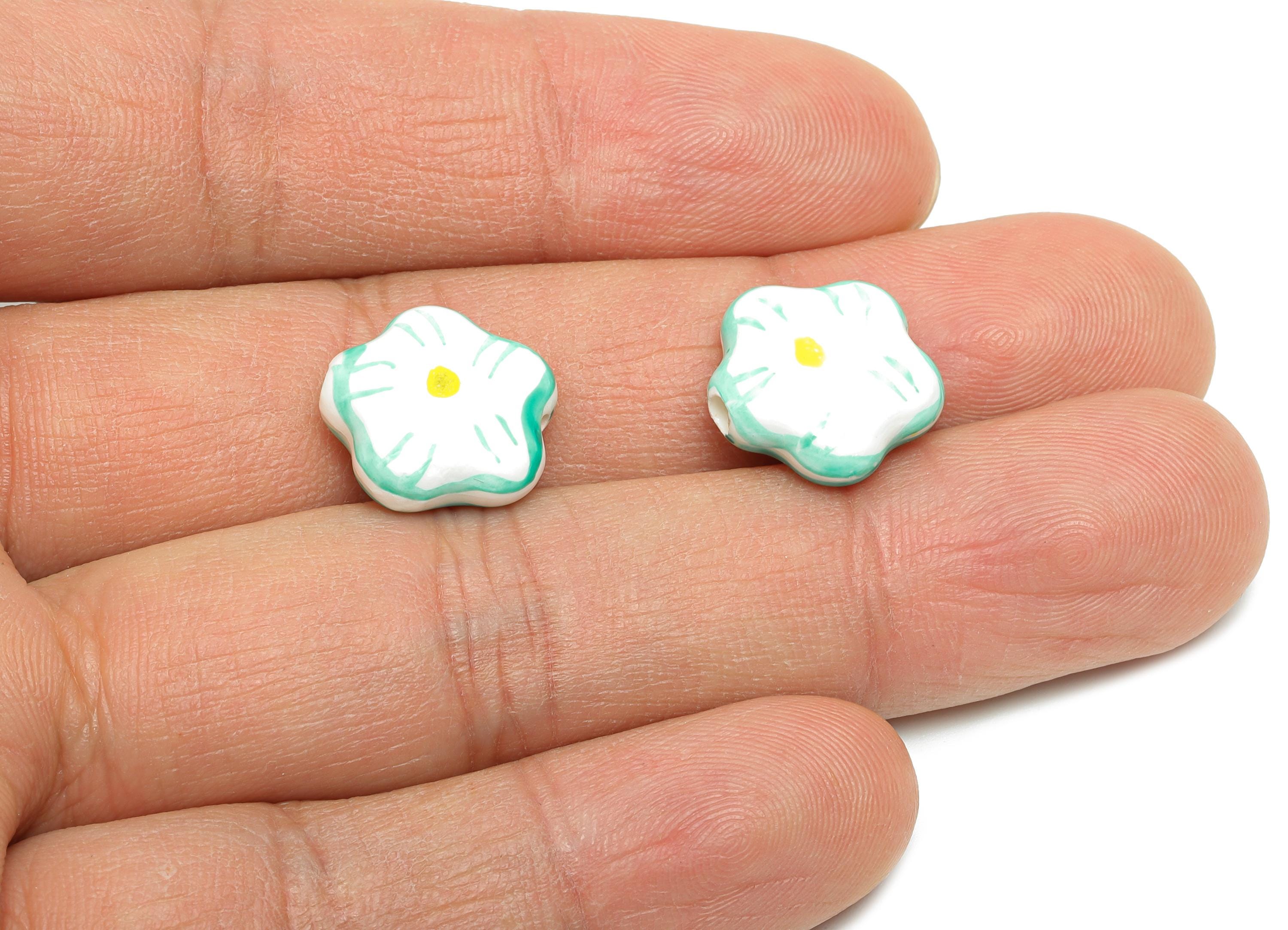 Glazed Ceramic Daisy Beads - Green Flower Bead Connectors - Handmade Jewelry Component - Jewelry Supplies Bead - 14.76x14.46x6.4mm - NS2854A - DOMEDBAZAAR