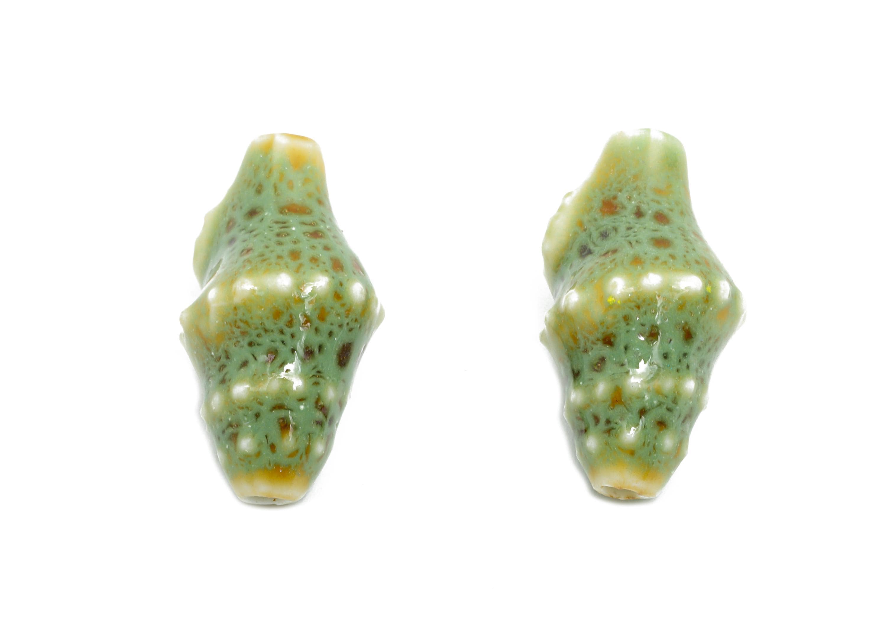 Glazed Ceramic Shell Beads - Craft Beads for Necklace or Bracelet - Green Rustic Coastal Bead - Making Supplies - 20x11x10mm - NS2775F - DOMEDBAZAAR