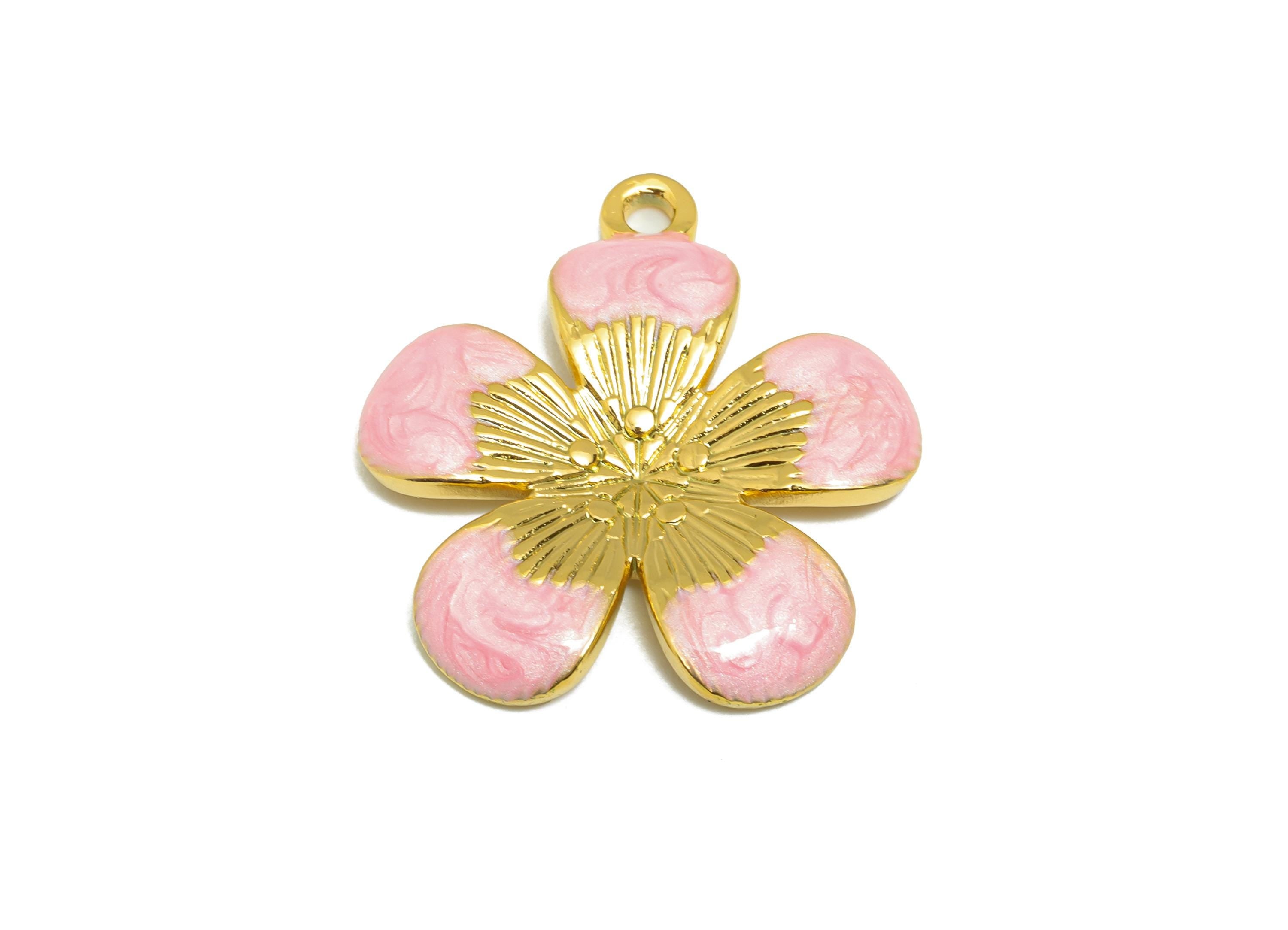 Steel Flower Charms - Enamel Colorful Floral Pendant - Classic Pink Botanical Gift for Her - Gold Tone Vacuum Plating - 15x12x2mm - SS1518