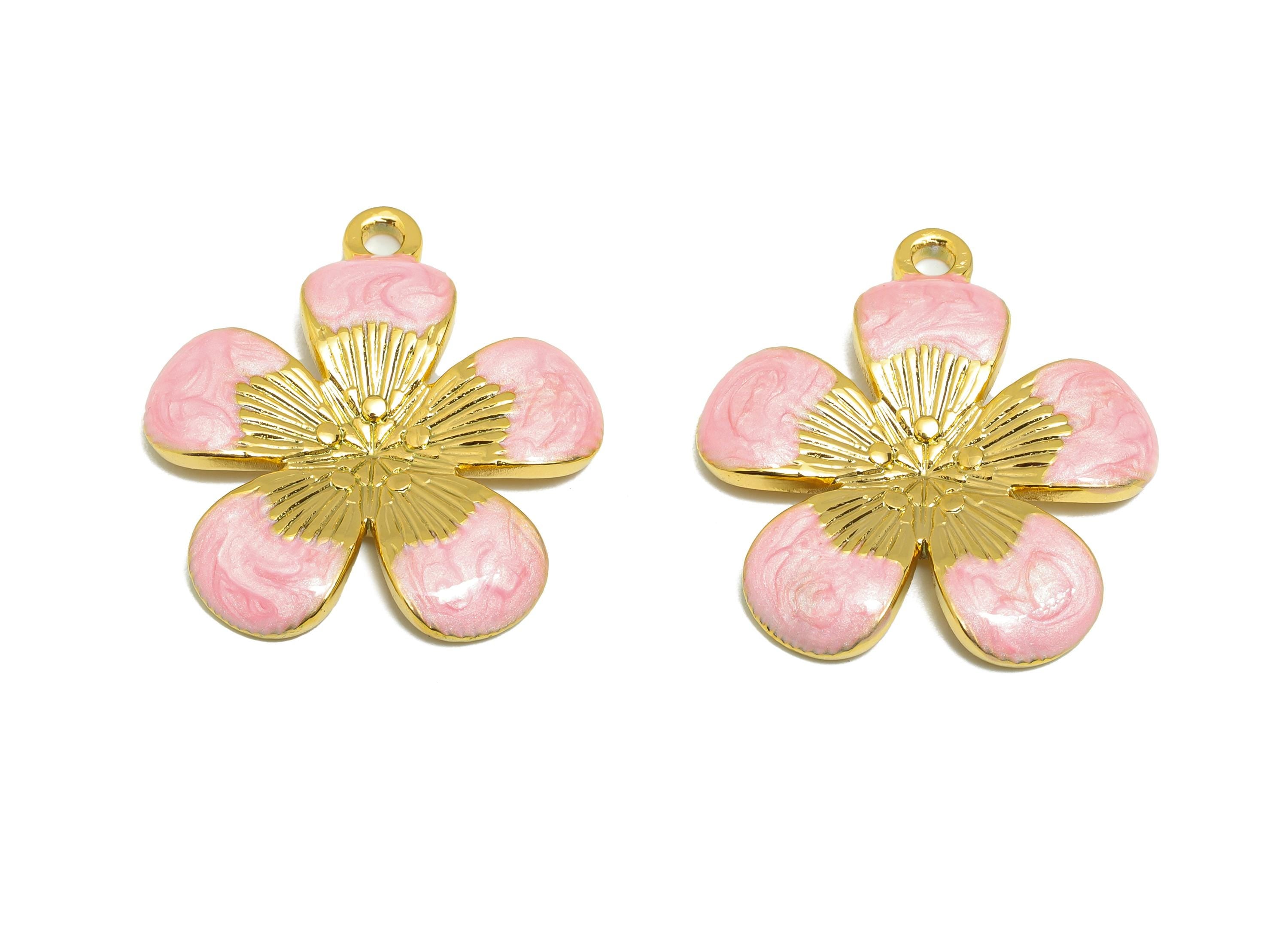Steel Flower Charms - Enamel Colorful Floral Pendant - Classic Pink Botanical Gift for Her - Gold Tone Vacuum Plating - 15x12x2mm - SS1518