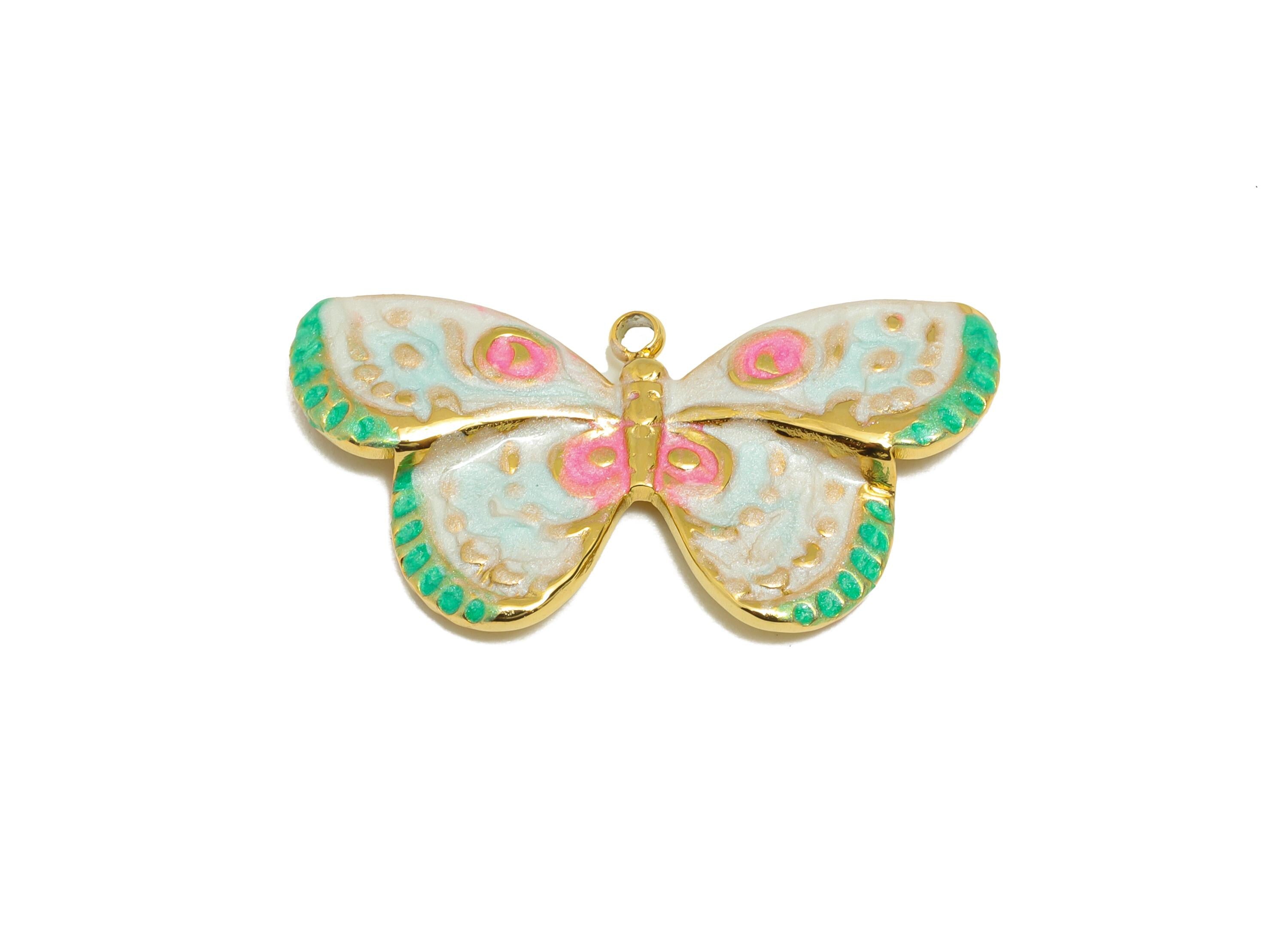 Steel Butterfly Charms - Enamel Spring Butterfly Pendant - Dainty Sparking Butterfly Jewelry - Gold Tone Vacuum Plated - 30x16x2mm-SS1500 - DOMEDBAZAAR
