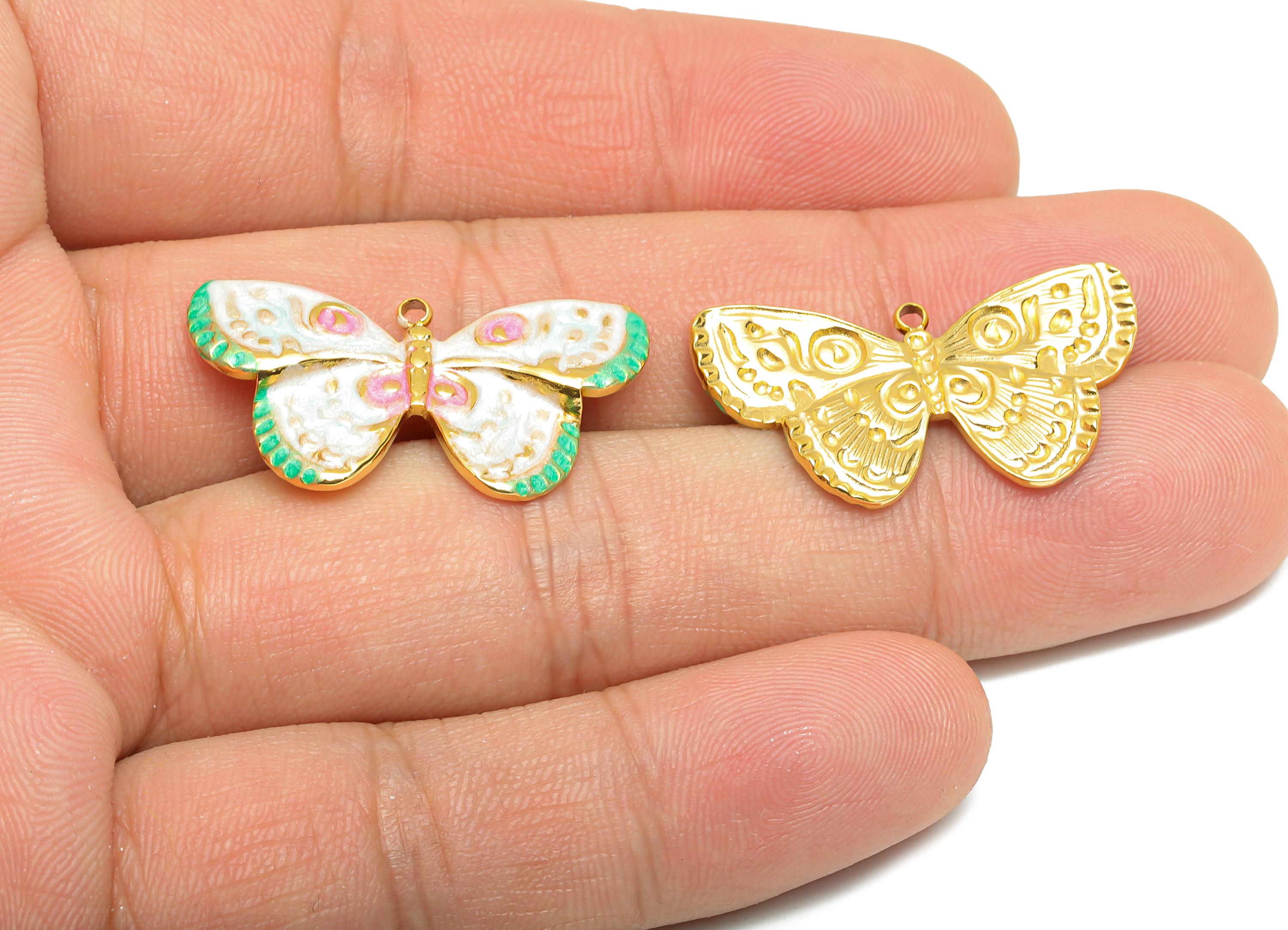 Steel Butterfly Charms - Enamel Spring Butterfly Pendant - Dainty Sparking Butterfly Jewelry - Gold Tone Vacuum Plated - 30x16x2mm-SS1500 - DOMEDBAZAAR