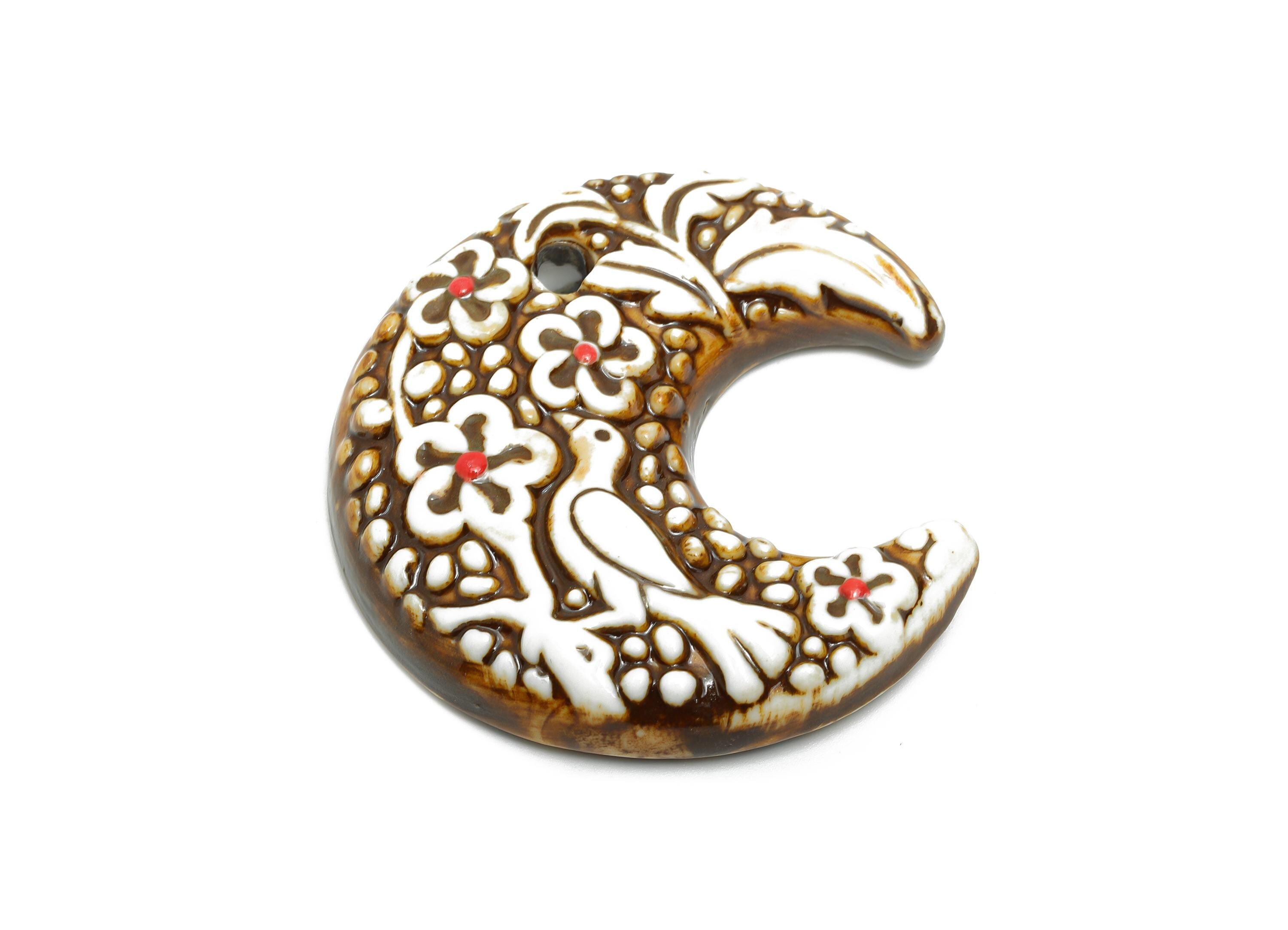 Crescent Glazed Ceramic Bird Pendants - Craft Beads for Necklace or Bracelet - Flower Ceramic Beads - Handmade Ceramic - 51x49x10mm - NS2791 - DOMEDBAZAAR