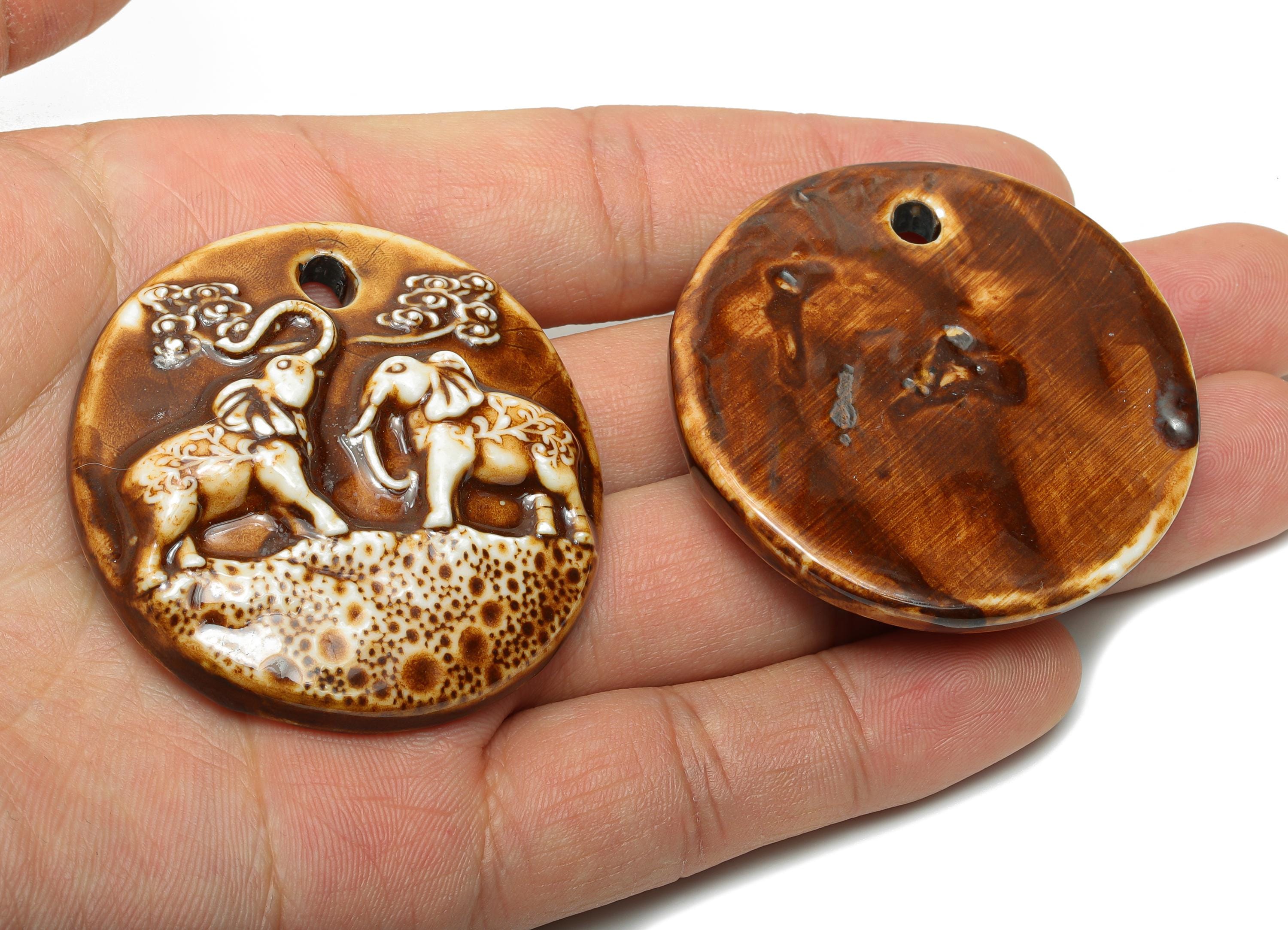 Elephant Ceramic Pendant - Handmade Elephant Charm - African Wildlife Jewelry Supplies - Brown Ceramic Animal Pendant - 50x49x10mm - NS2782 - DOMEDBAZAAR