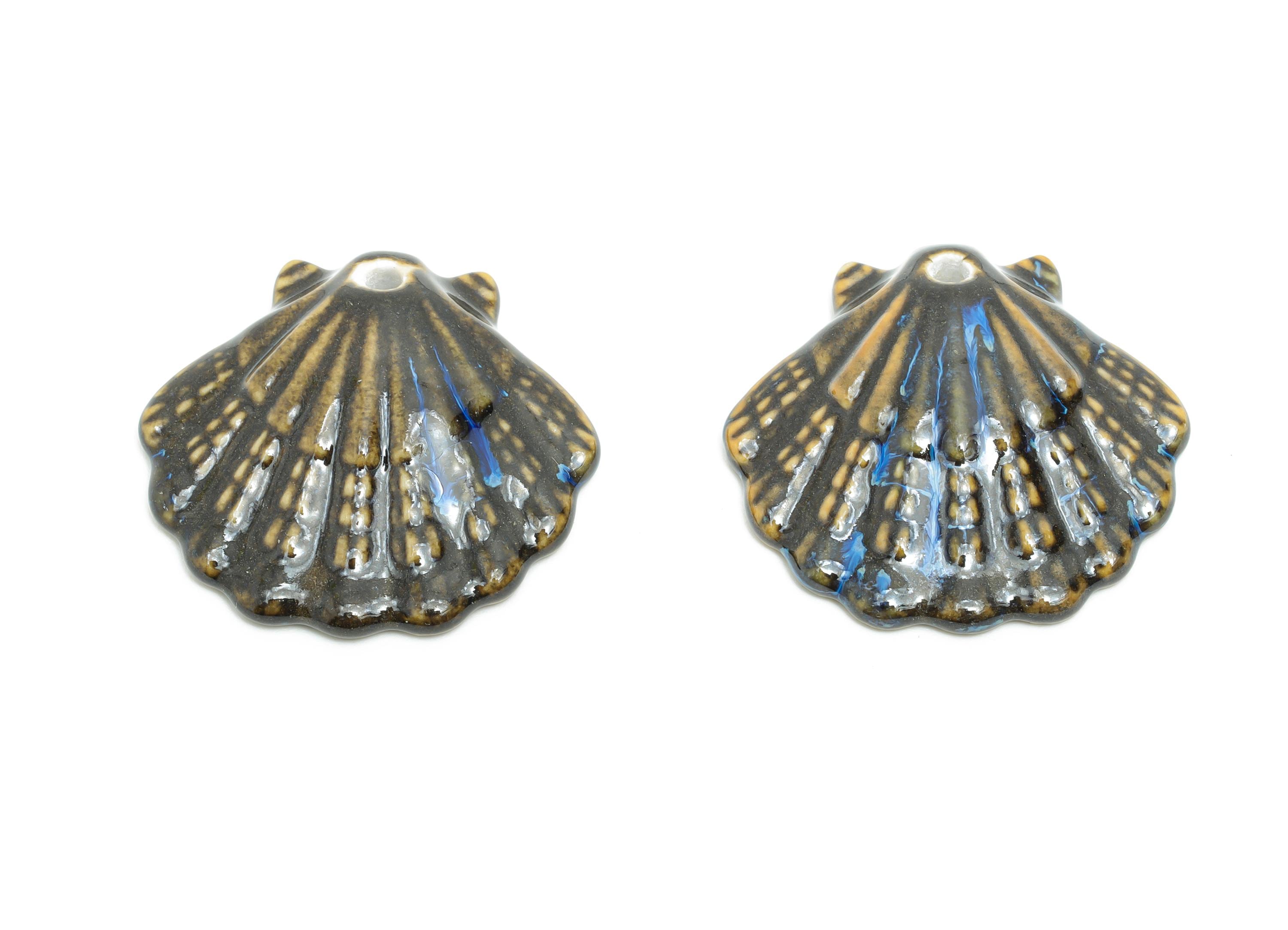 Ceramic Seashell Bead - Textured Coastal Handmade Bead - Sea Life Ceramic Pendant - Handmade Nautical Shell Charm - 28x30x6.17mm - NS2776D - DOMEDBAZAAR