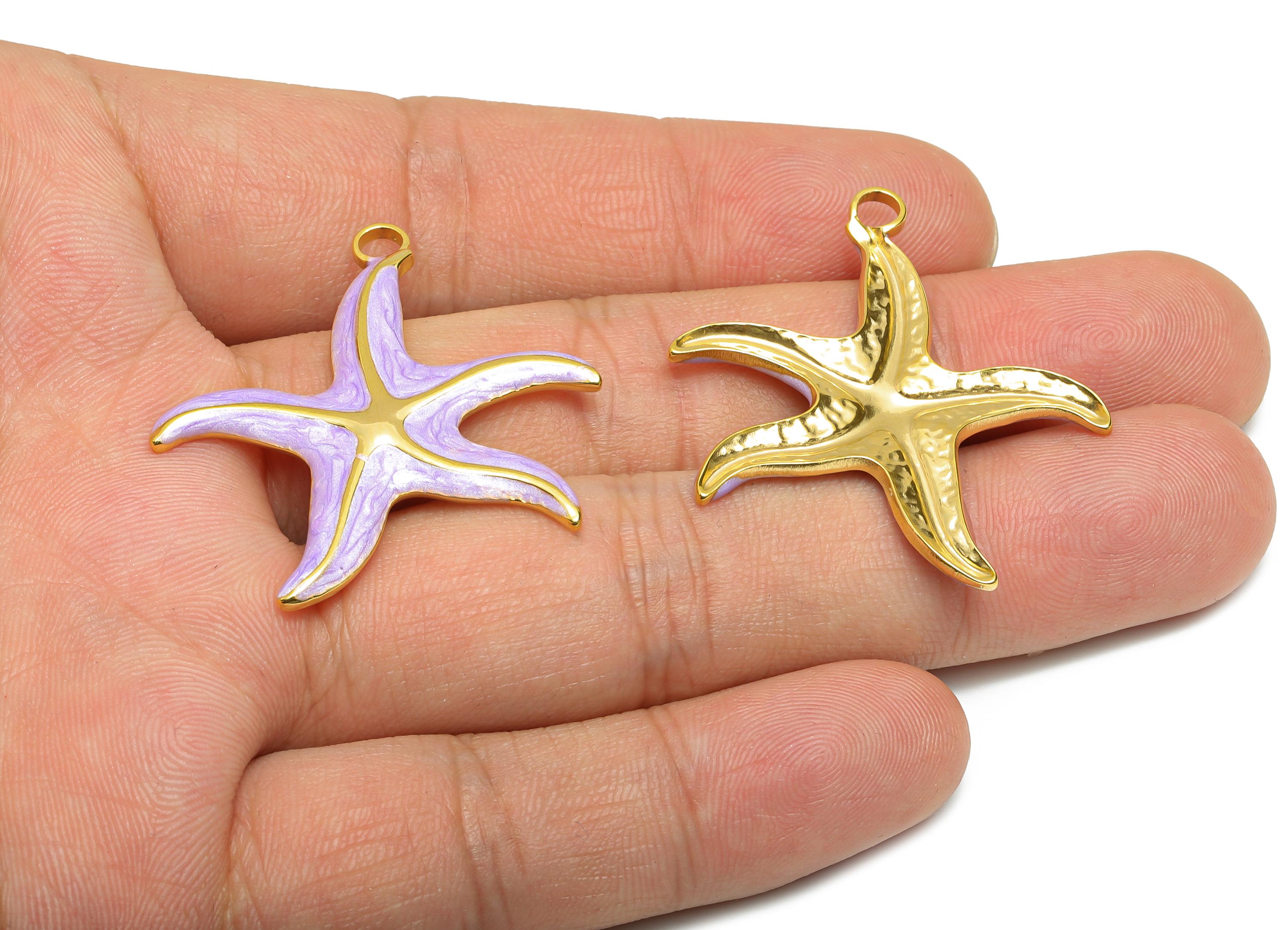 Steel Enamel Starfish Charm - Marine Life Jewelry - Dainty Starfish Pendant For Necklace - Gold Tone Vacuum Plated - 35x33x2.72mm - SS1494 - DOMEDBAZAAR