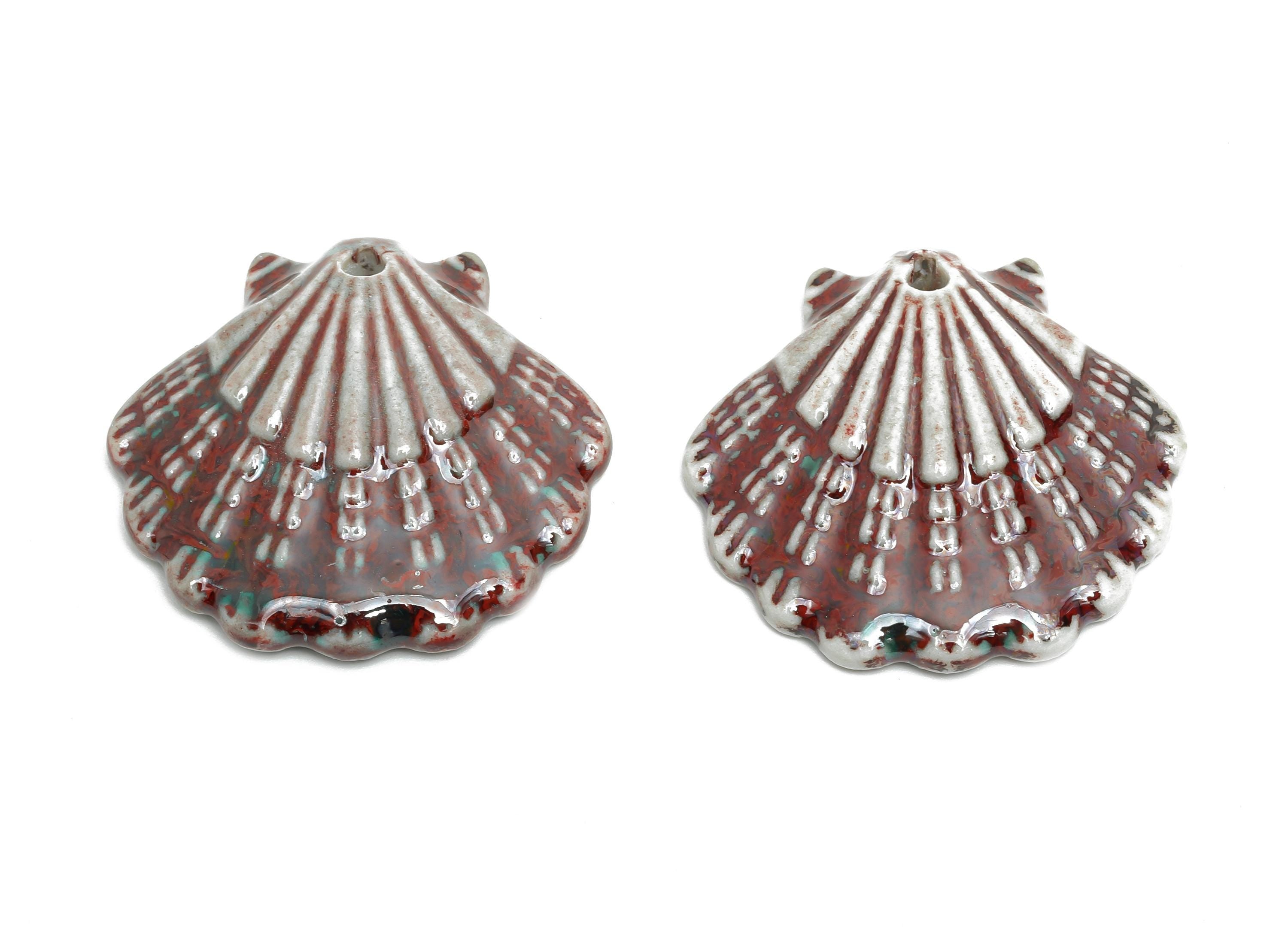 Ceramic Seashell Bead - Textured Coastal Handmade Bead - Sea Life Ceramic Pendant - Handmade Nautical Shell Charm - 28x30x6.17mm - NS2776C - DOMEDBAZAAR