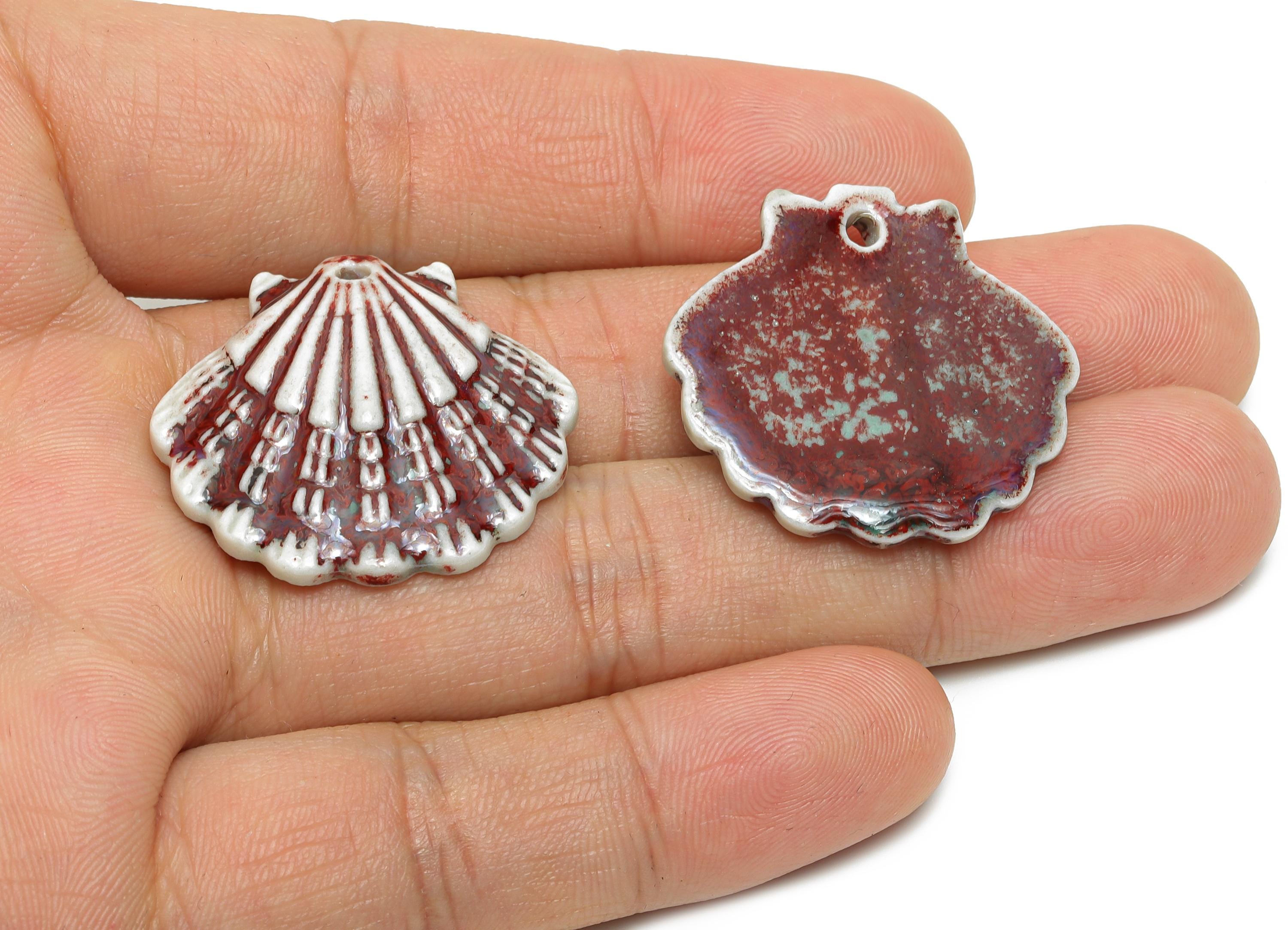 Ceramic Seashell Bead - Textured Coastal Handmade Bead - Sea Life Ceramic Pendant - Handmade Nautical Shell Charm - 28x30x6.17mm - NS2776C - DOMEDBAZAAR