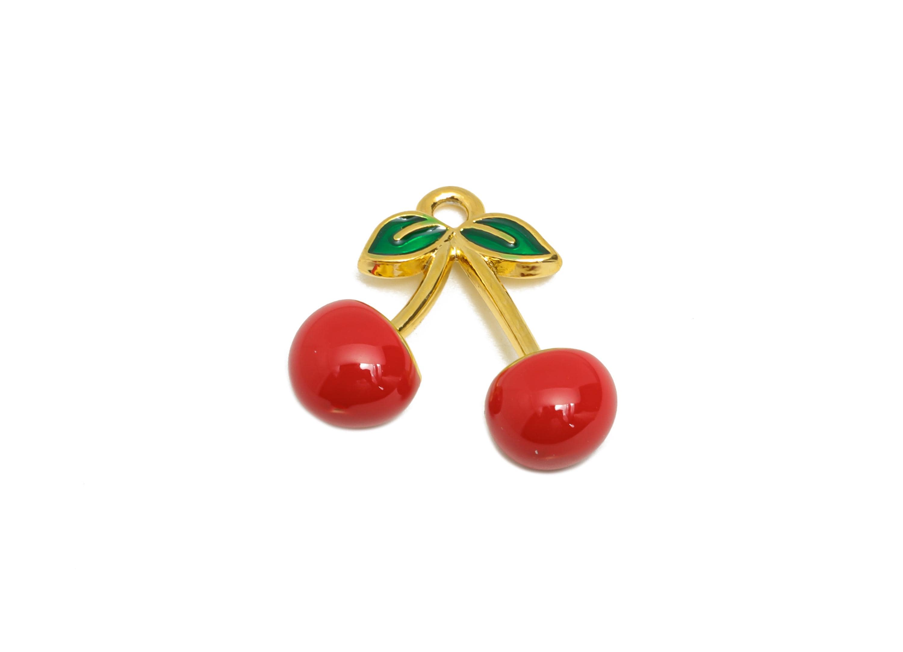 Red Enamel Cherry Pendant - Steel Cute Cherry Accessory - Playful Summer Necklace Charm - Gold Tone Vacuum Plated - 15x14x5.54mm - SS1482 - DOMEDBAZAAR