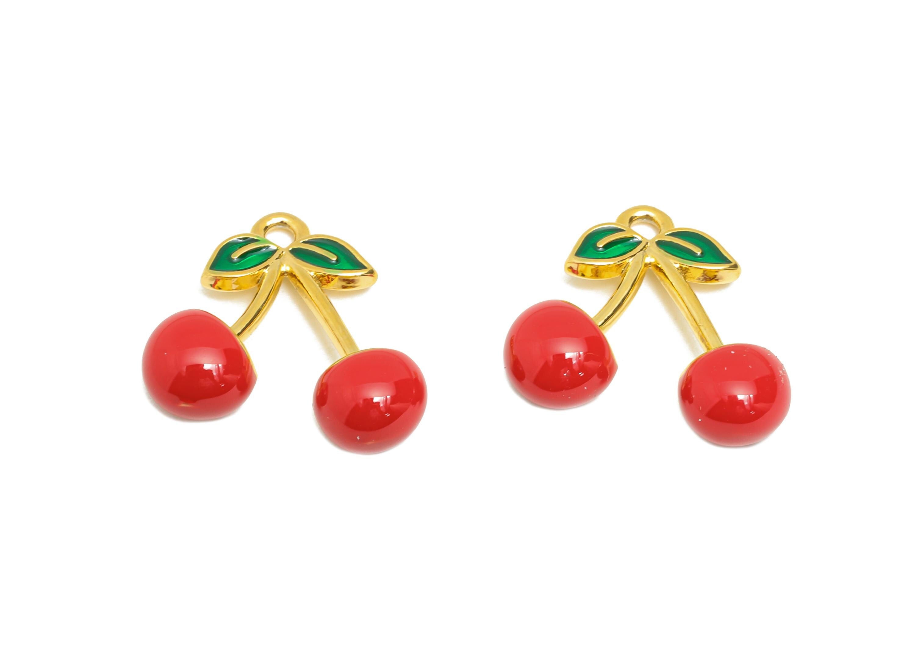 Red Enamel Cherry Pendant - Steel Cute Cherry Accessory - Playful Summer Necklace Charm - Gold Tone Vacuum Plated - 15x14x5.54mm - SS1482 - DOMEDBAZAAR