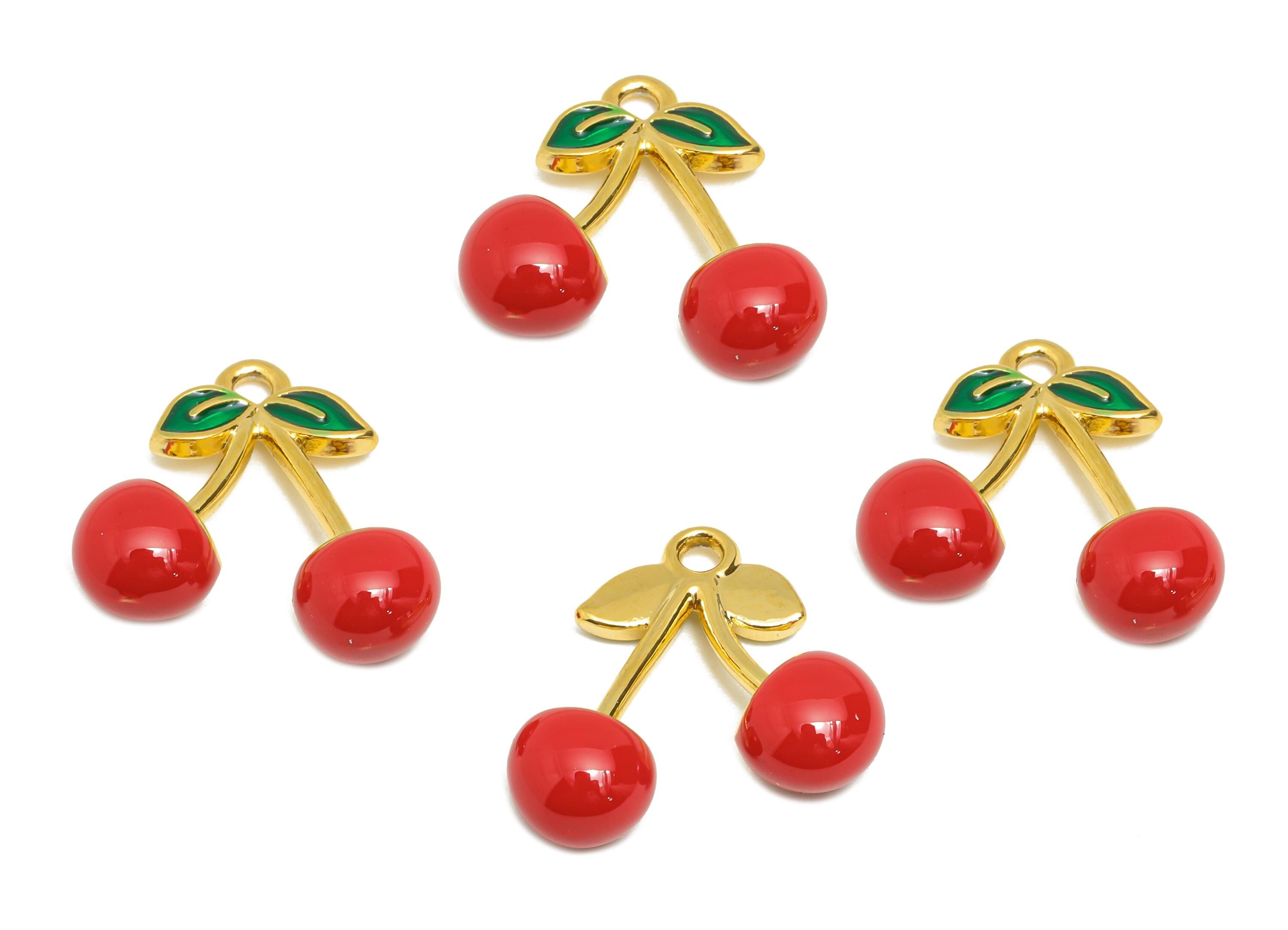 Red Enamel Cherry Pendant - Steel Cute Cherry Accessory - Playful Summer Necklace Charm - Gold Tone Vacuum Plated - 15x14x5.54mm - SS1482 - DOMEDBAZAAR