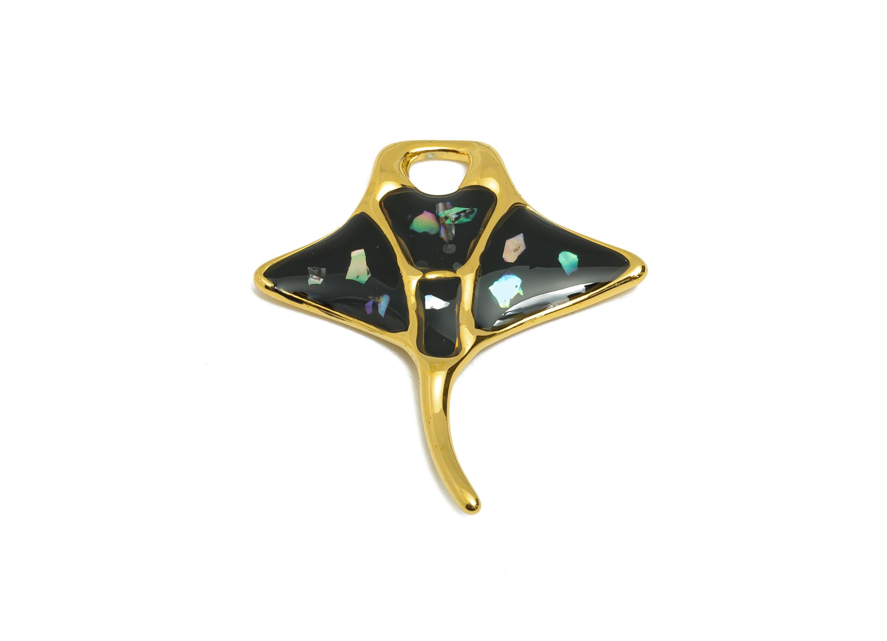 Steel Enamel Fish Charm - Marine Life Jewelry - Black and Gold Pendant - Gold Tone Vacuum Plated -  Ocean Pendant - 29.34x25x2.56mm - SS1523 - DOMEDBAZAAR