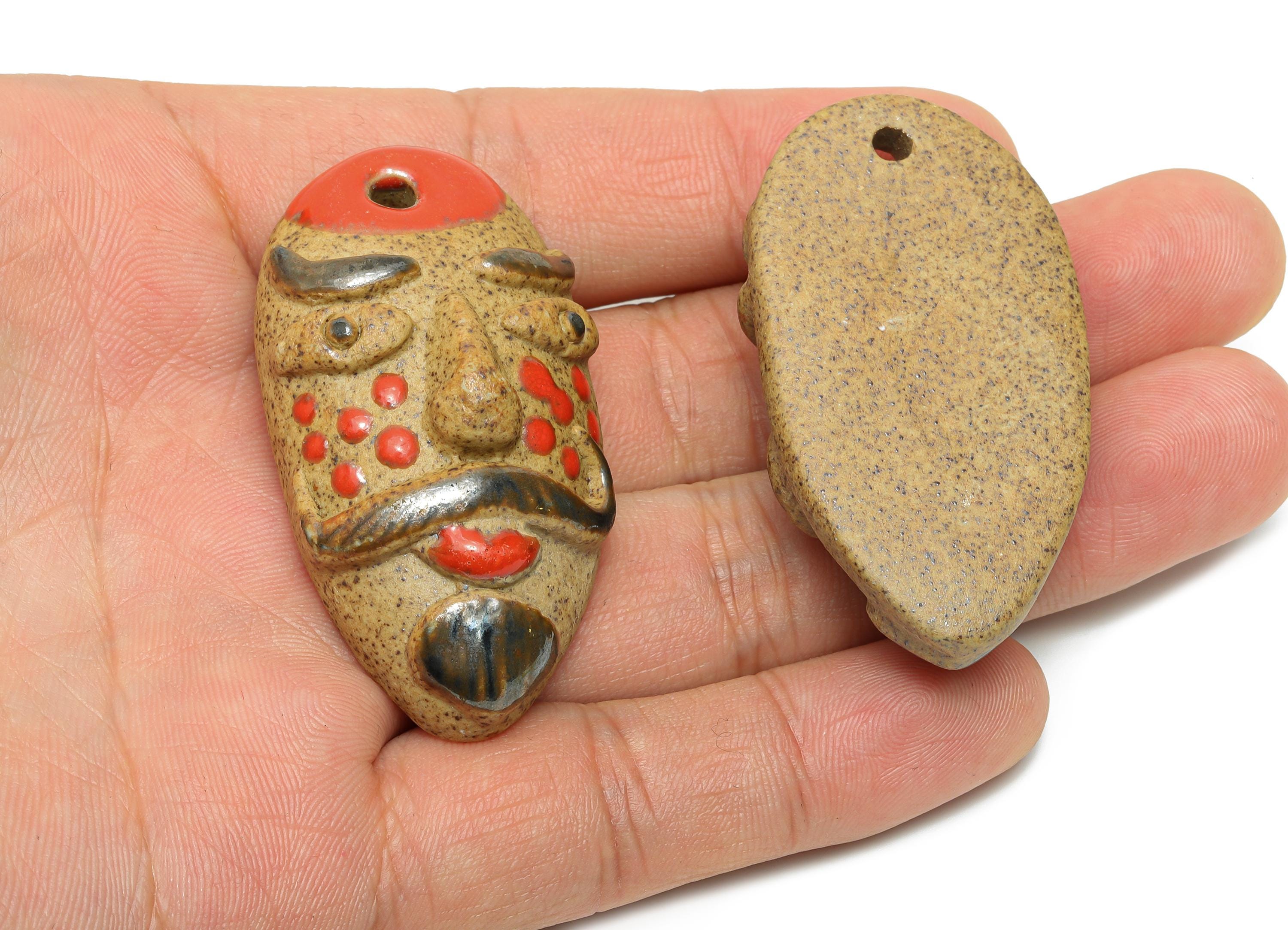 Glazed Ceramic Mask Pendant - Handmade Craft Bead for Necklace - Ethnic Artisan Mask Pendant - Unique Jewelry Component - 52x28x17mm -NS2793 - DOMEDBAZAAR