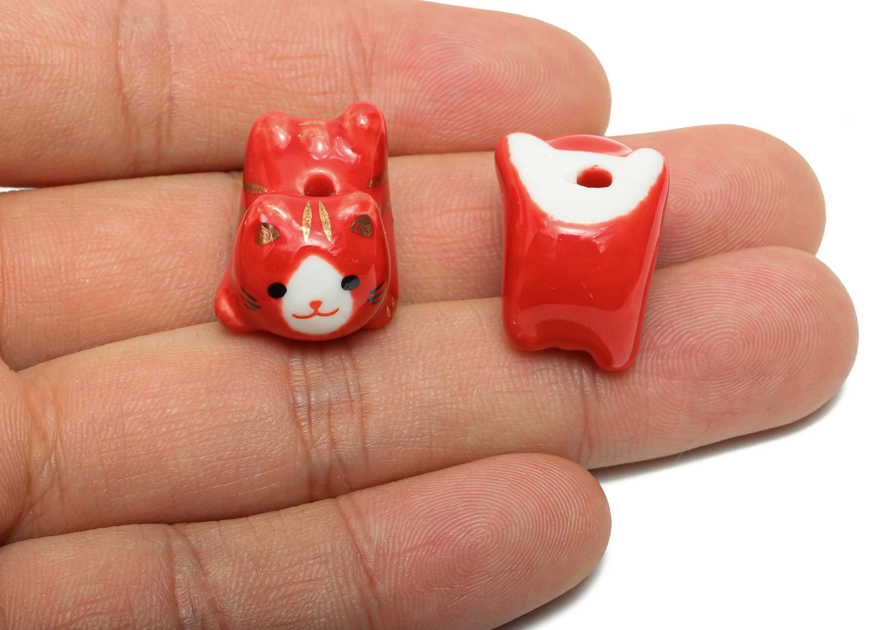 Glazed Ceramic Cat Bead - Red Lucky Cat Charm - Cute Kitty DIY Bracelet Pendant - Red Cat Figurine Bead for Jewelry - 20x16x14.6mm - NS2760 - DOMEDBAZAAR