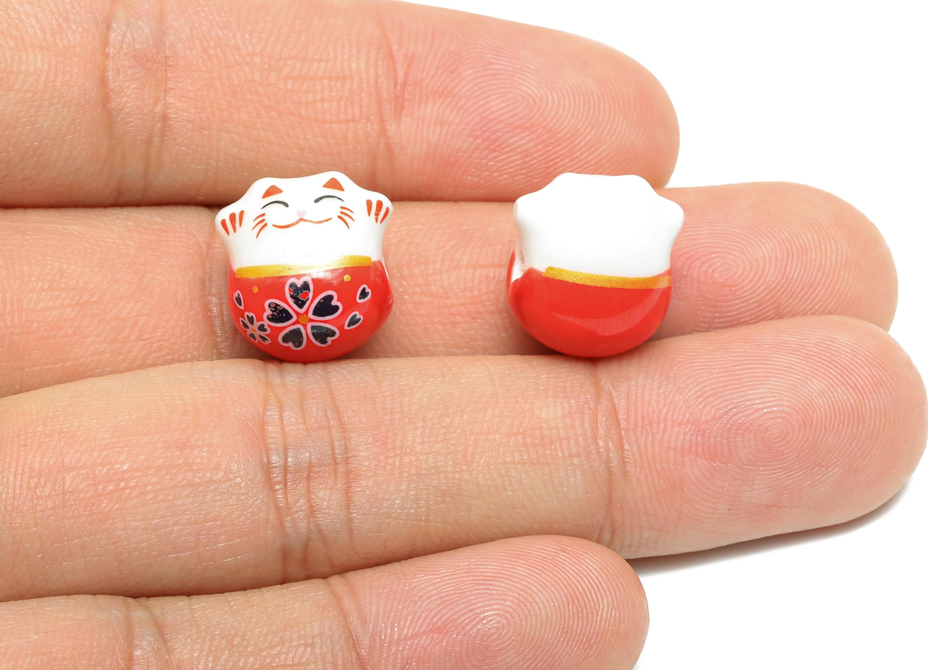 Glazed Ceramic Maneki Neko Bead - Ceramic Fortune Cat Bead - Handmade Maneki Neko Pendant -Macramé Lucky Cat Bead - 14x13x12.42mm - NS2762 - DOMEDBAZAAR