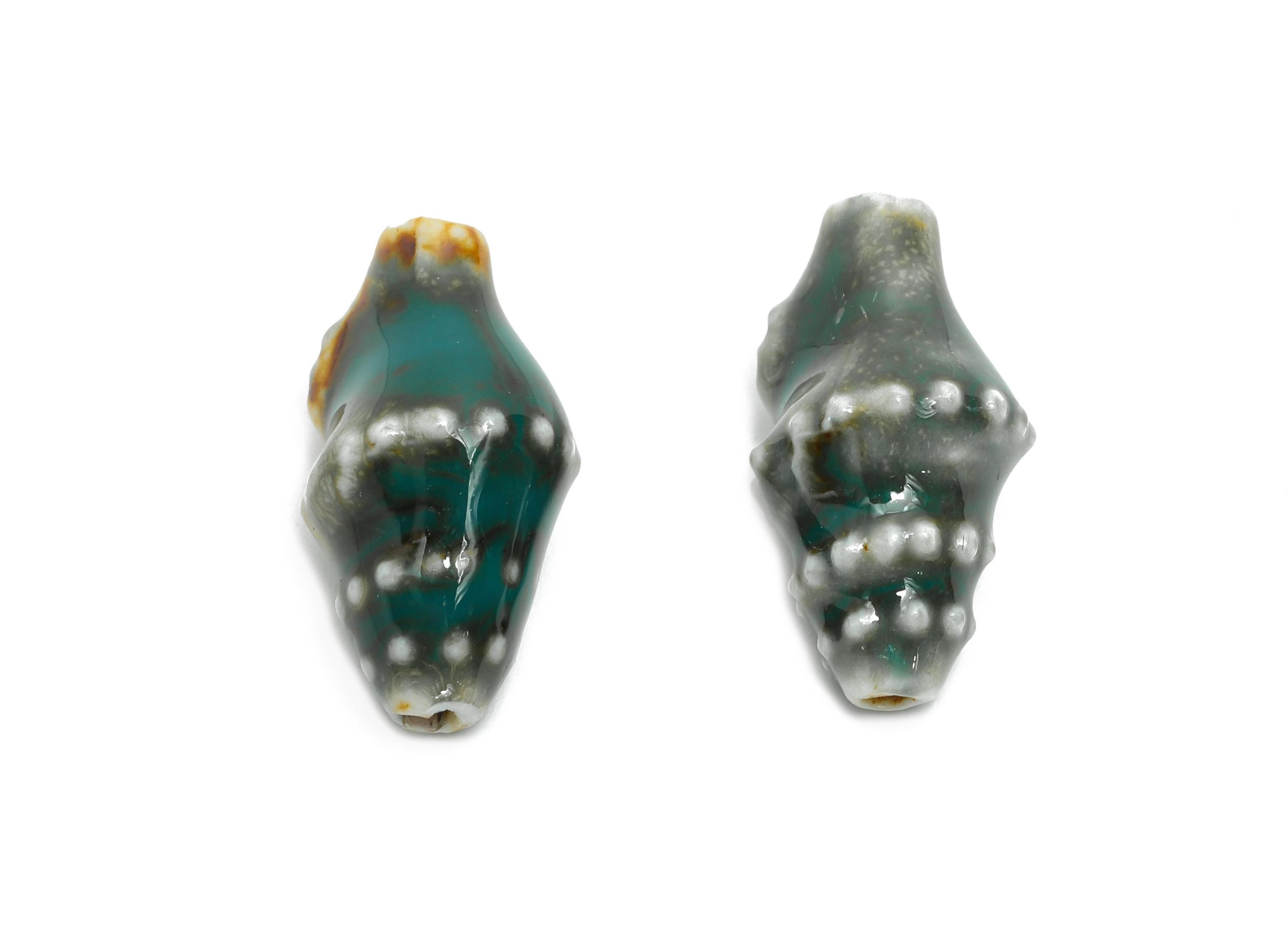 Glazed Ceramic Shell Beads - Craft Beads for Necklace or Bracelet - Deep Green Rustic Coastal Bead - Making Supplies - 20x11x10mm - NS2775B - DOMEDBAZAAR
