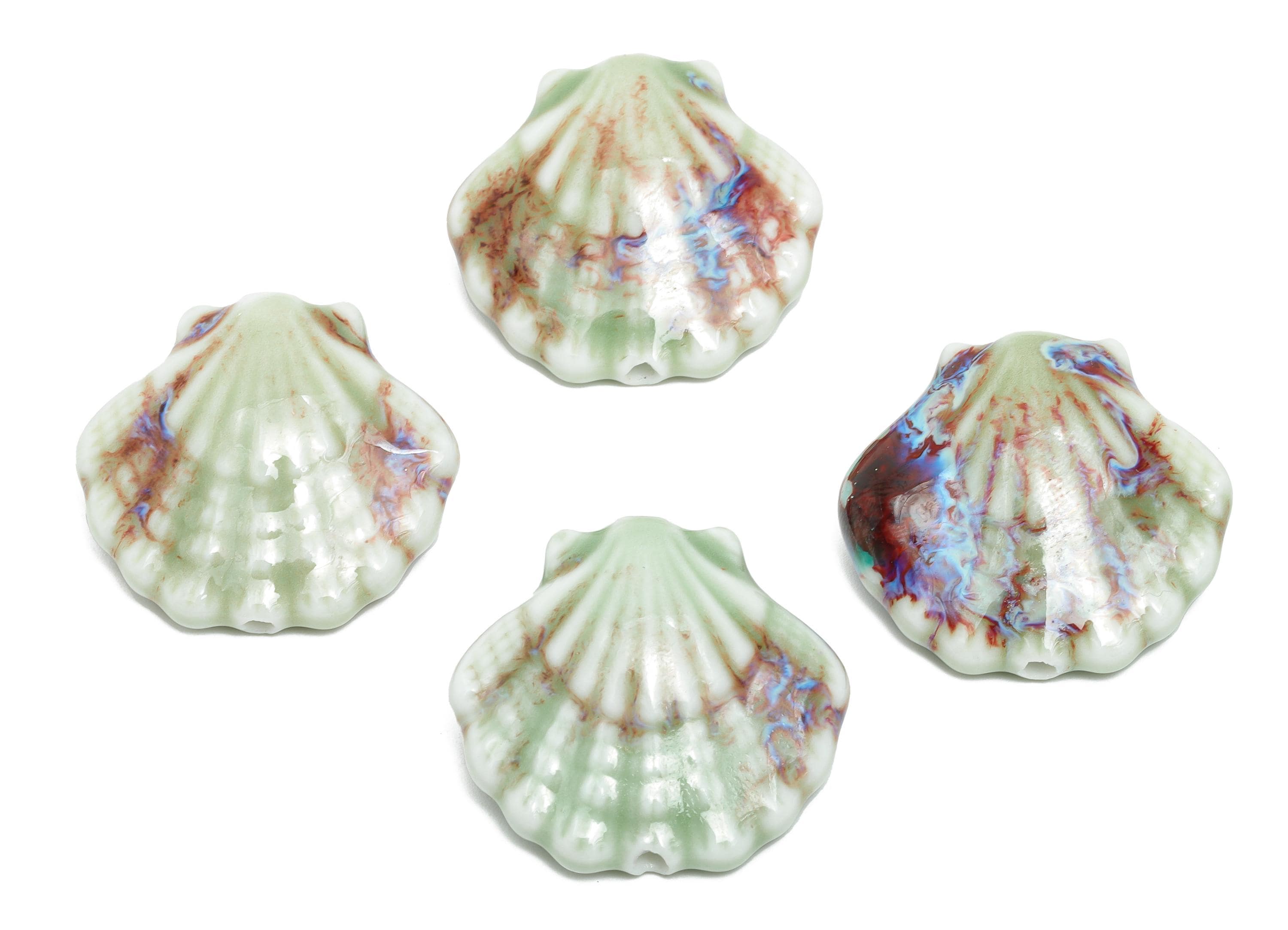 Glazed Ceramic Seashell Bead - Textured Handmade Bead - Bohemian Beach-Themed Jewelry - Marine Bead Jewelry - 25.37x27.5x10.89mm - NS2859F - DOMEDBAZAAR
