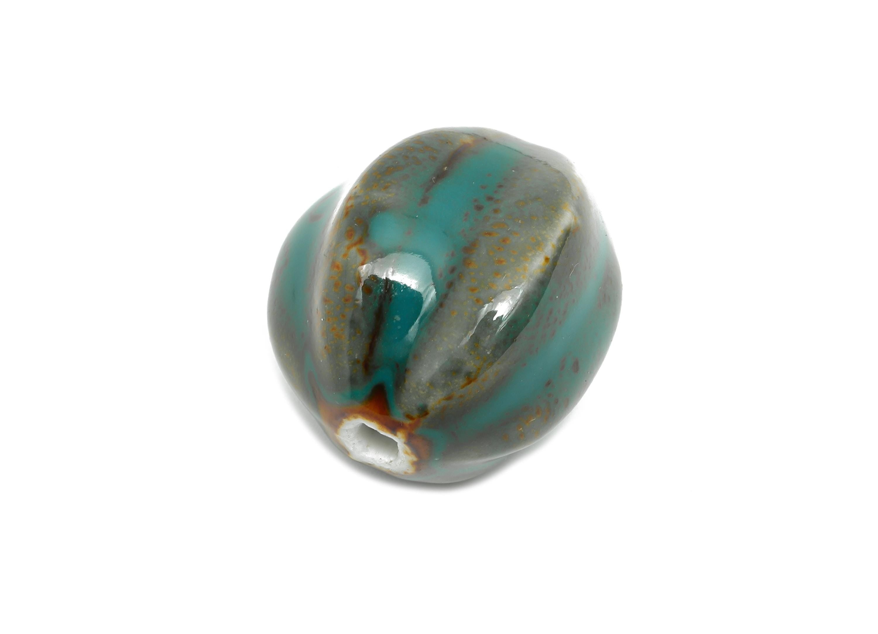 Striped Oval Ceramic Bead - Craft Beads for Necklace or Bracelet - Rustic Artisan - Textured Ceramic  Making Supplies - 27x25x24mm - NS2816 - DOMEDBAZAAR
