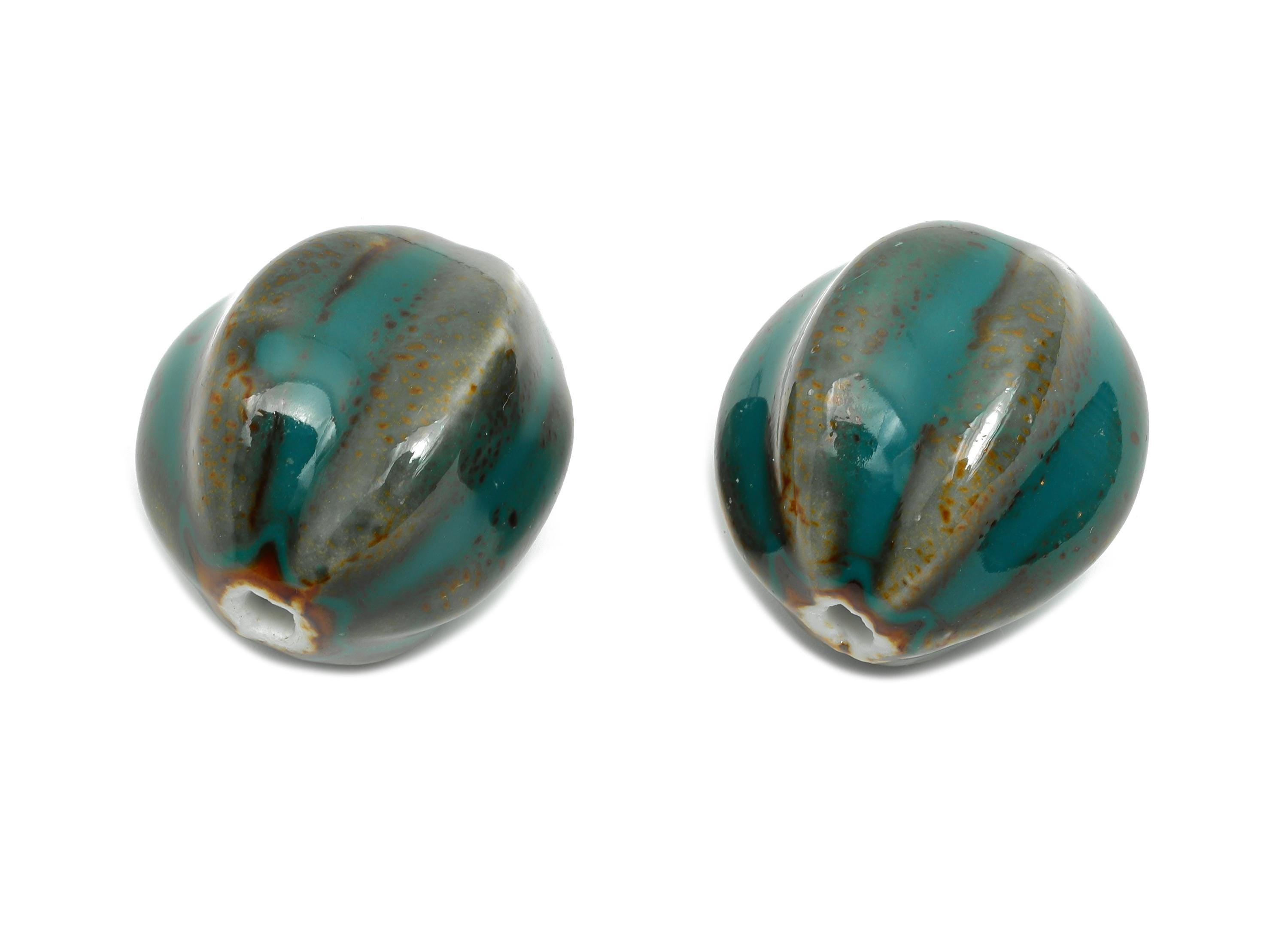 Striped Oval Ceramic Bead - Craft Beads for Necklace or Bracelet - Rustic Artisan - Textured Ceramic  Making Supplies - 27x25x24mm - NS2816 - DOMEDBAZAAR