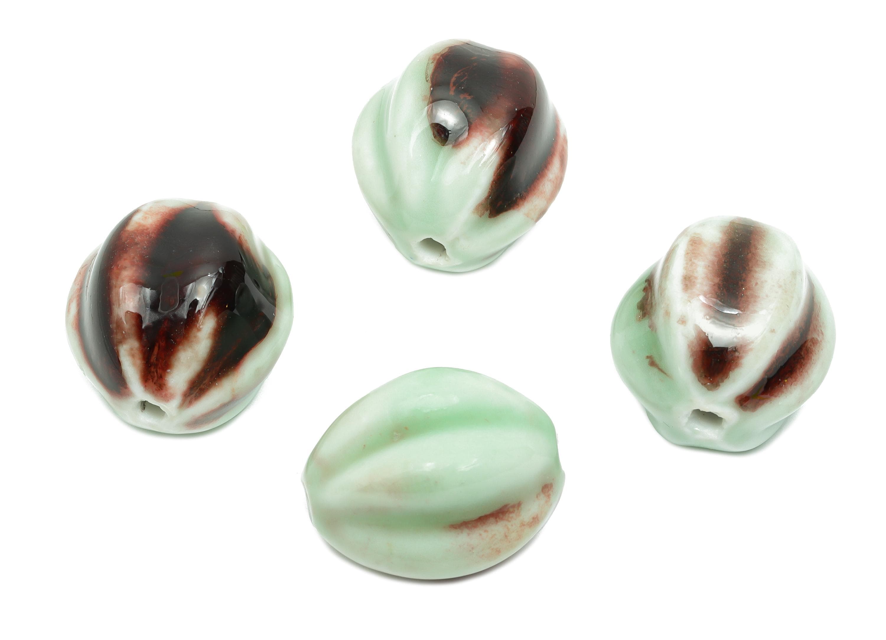 Striped Oval Ceramic Bead - Craft Beads for Necklace or Bracelet - Rustic Artisan - Textured Ceramic  Making Supplies - 27x25x25mm - NS2814 - DOMEDBAZAAR