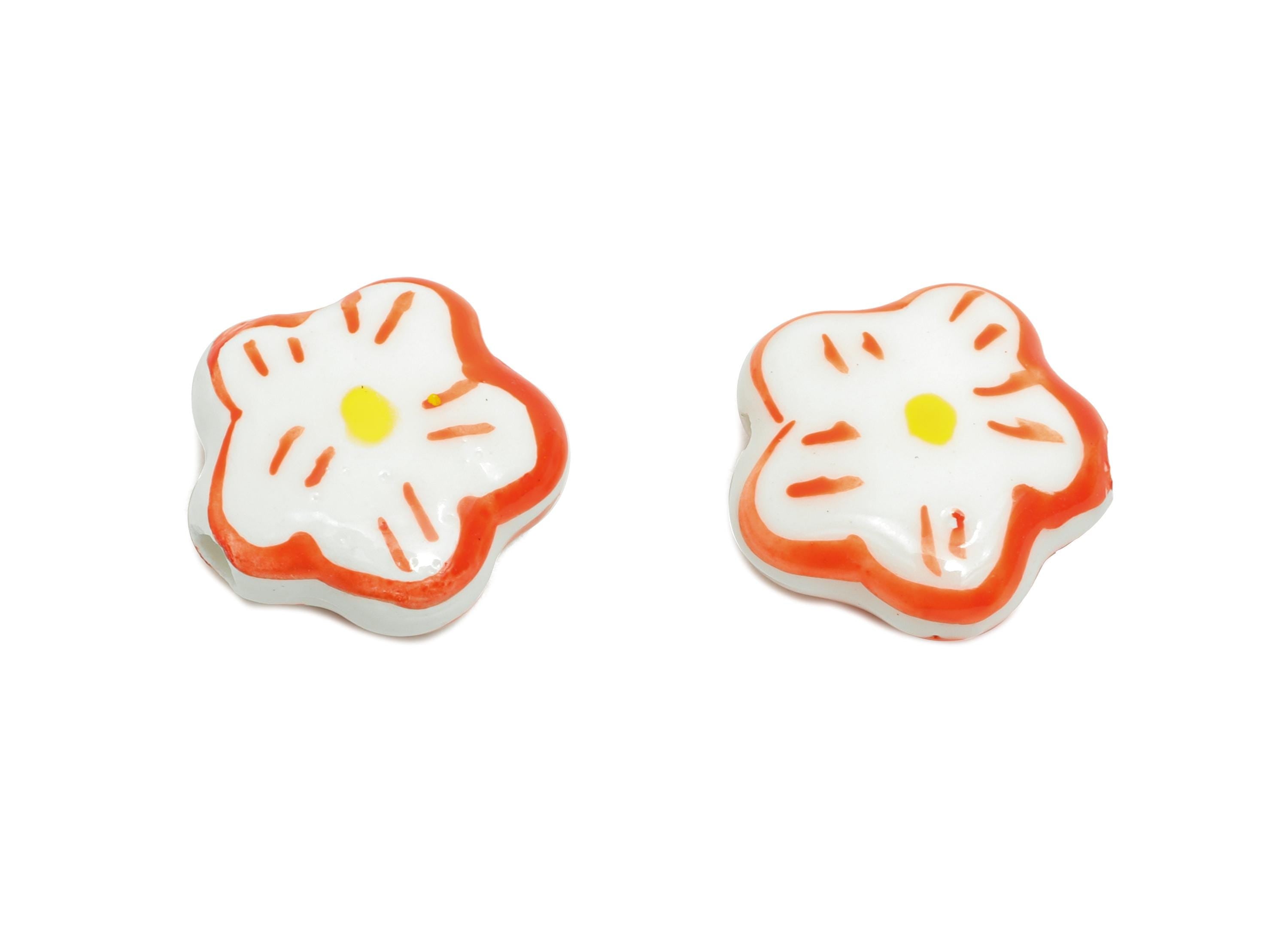 Glazed Ceramic Daisy Beads - Red Flower Jewelry Component - Handmade Botanical Bead Connector - Jewelry Making Bead - 15x15x6.36mm - NS2854D - DOMEDBAZAAR