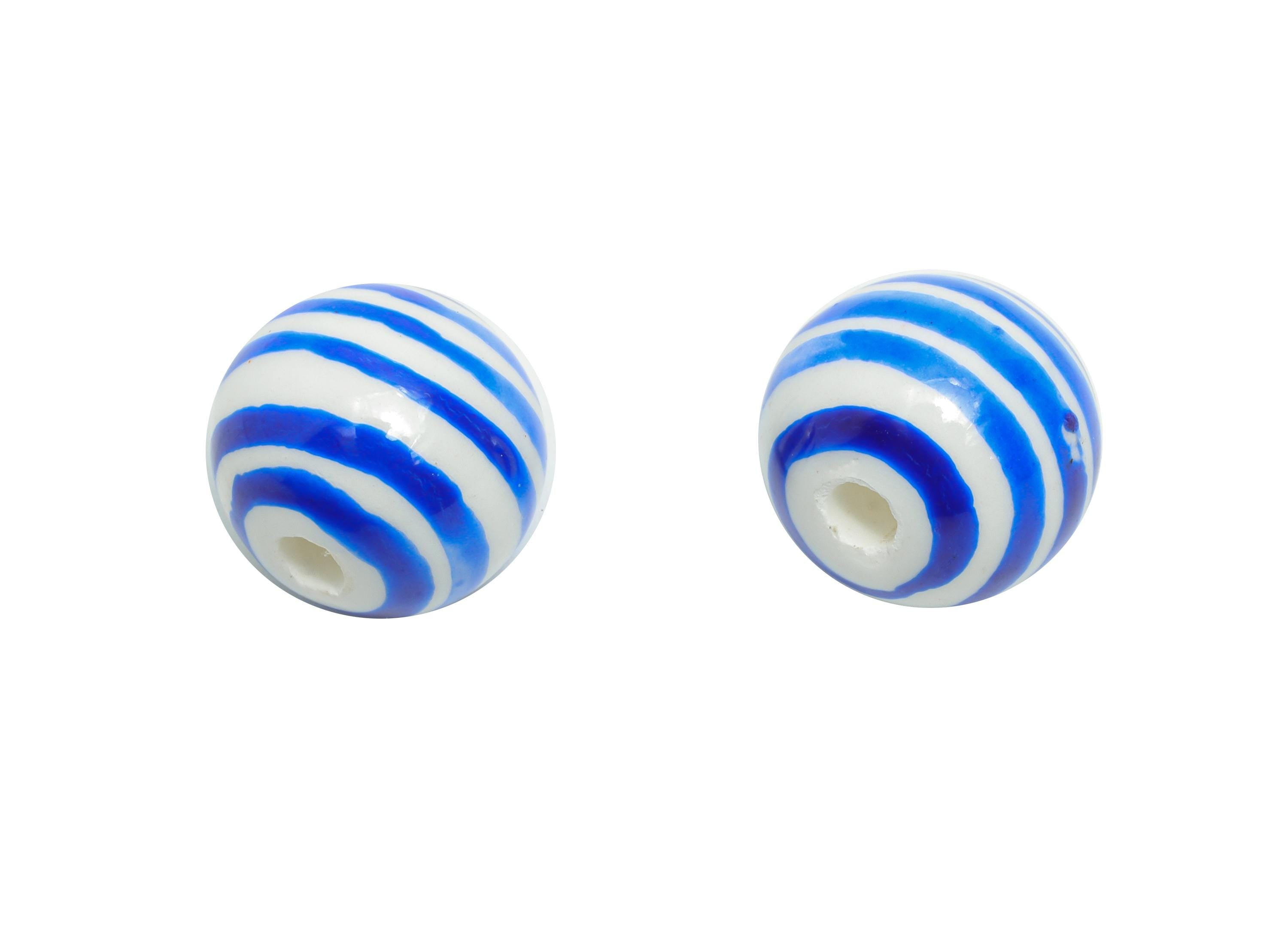 Blue Striped Ceramic Bead - Colorful Handmade Bead - Fun Glazed Pottery Bead for Bracelet - Summer Bead Jewelry DIY - 11.9x12x12mm - NS2858C - DOMEDBAZAAR