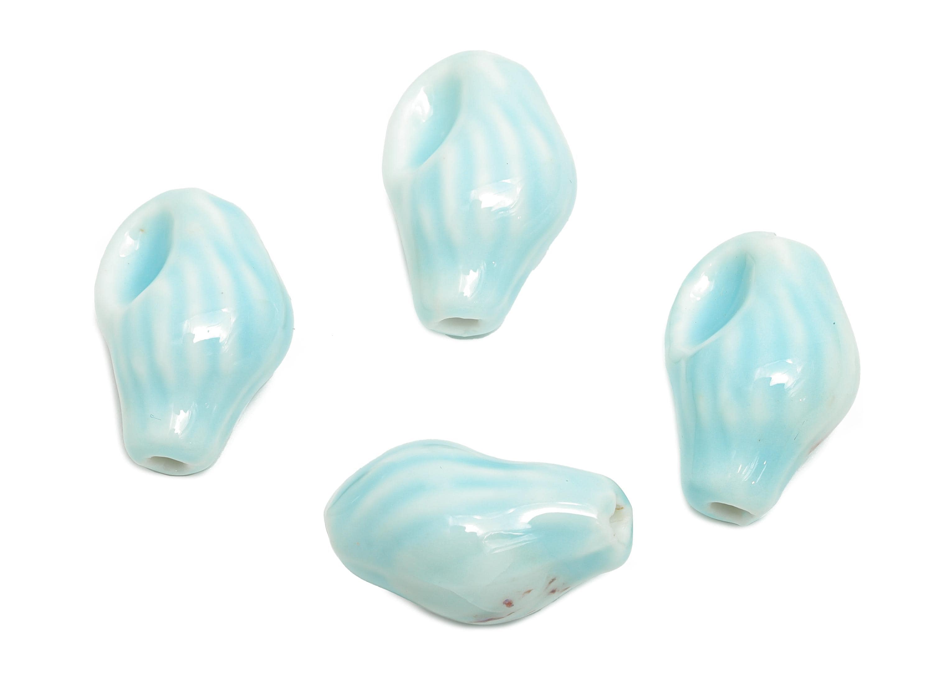 Glazed Ceramic Conch Shell Beads - Blue Textured Shell Beads - Handmade Bracelet Beads - Jewelry Making DIY - 21.43x13.35x12.09mm - NS2846D - DOMEDBAZAAR