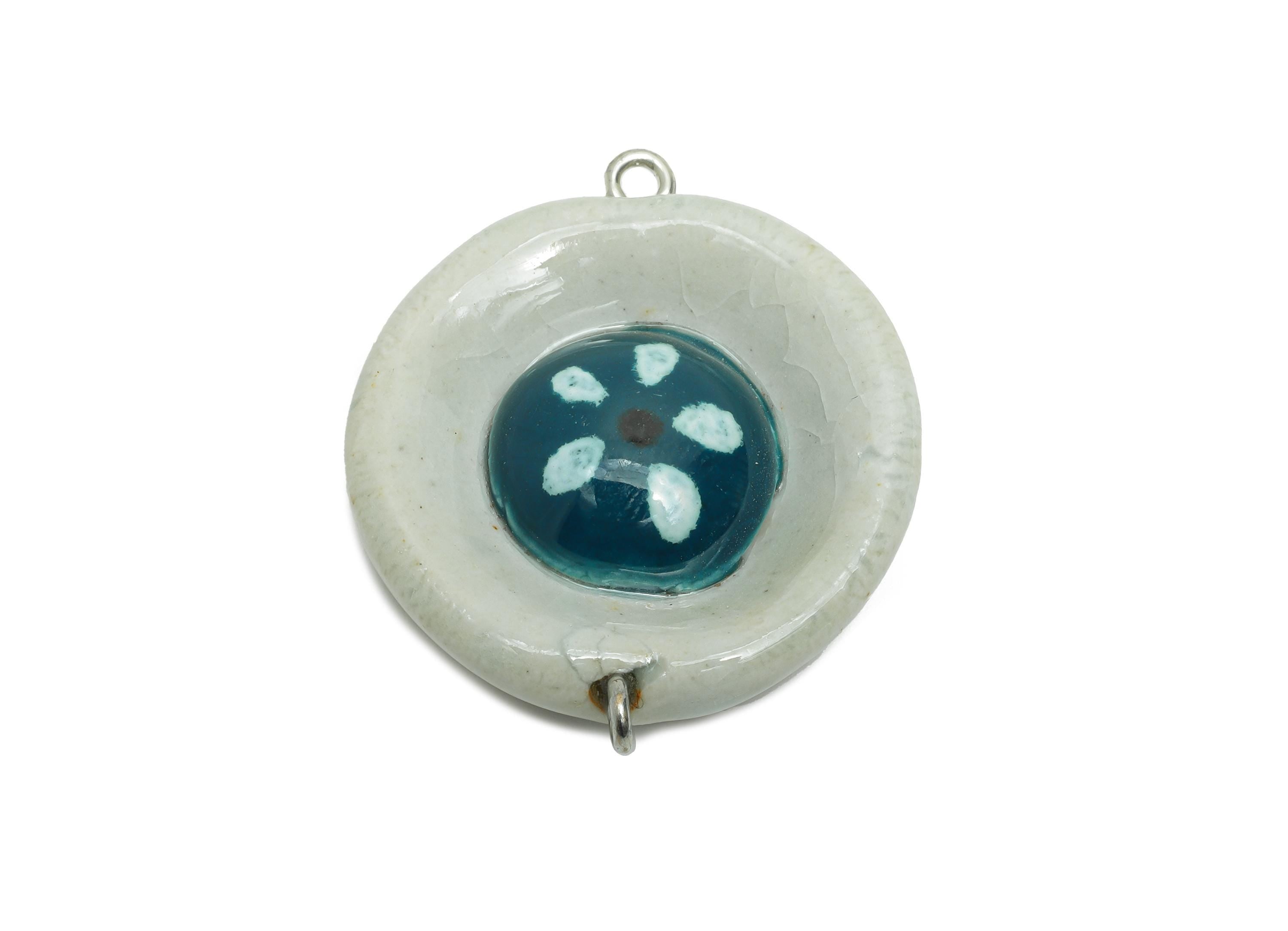 Glazed Ceramic Round Pendant - Handmade Artisan Necklaces Pendant - Unique Round Ceramic Pendant - Jewelry Making - 36.22x29.4x11mm - NS2771 - DOMEDBAZAAR
