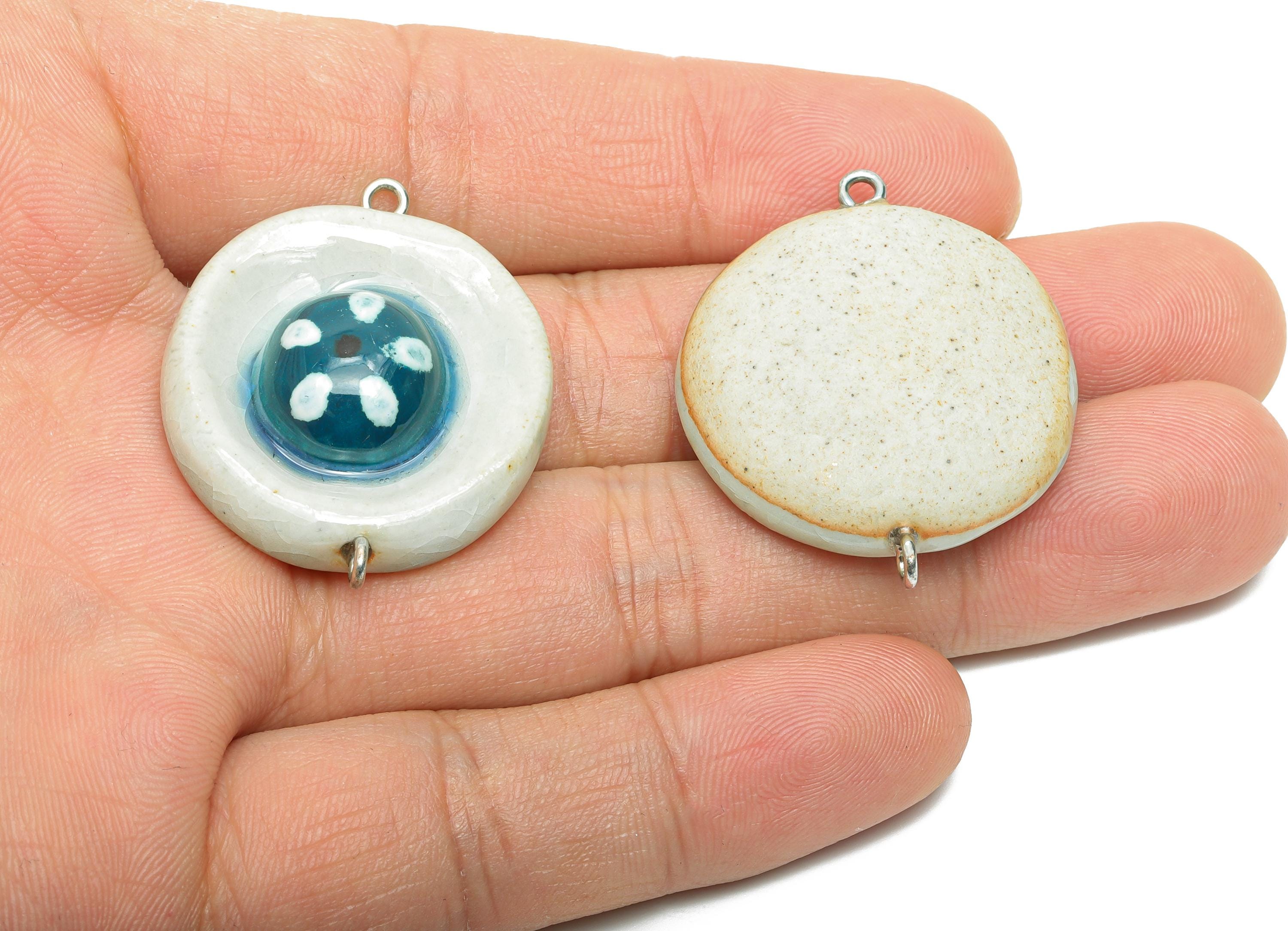 Glazed Ceramic Round Pendant - Handmade Artisan Necklaces Pendant - Unique Round Ceramic Pendant - Jewelry Making - 36.22x29.4x11mm - NS2771 - DOMEDBAZAAR