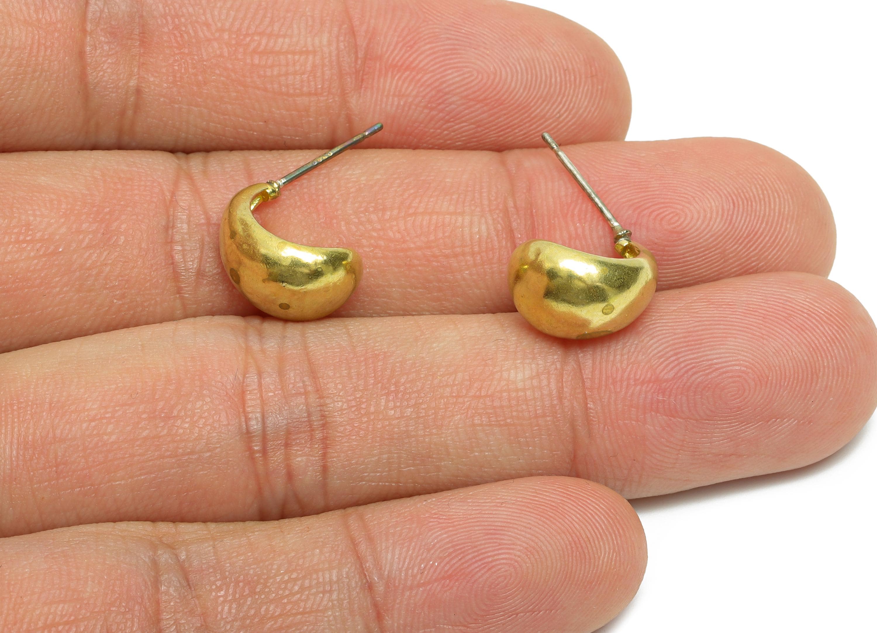 Brass Drop Earring Stud - Raw Brass Mini Chunky Hoop Earrings - Brass Minimalist Hoop Earring Stud - Dainty Gold Huggies - 12x8x9mm- PP10640 - DOMEDBAZAAR
