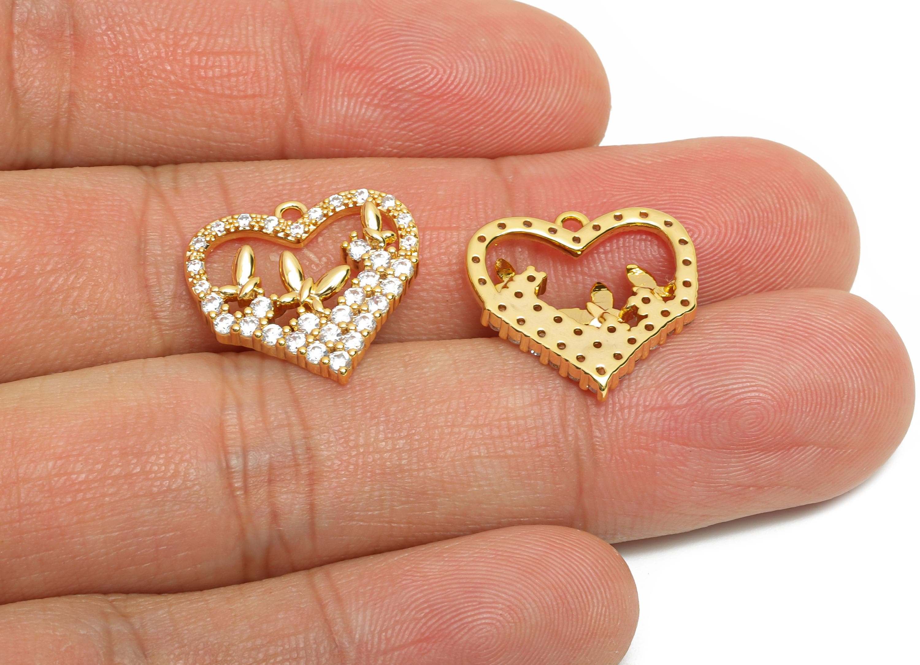Brass CZ Heart Pendant - Brass Zircon Butterfly Luxury Pendant for Necklaces - 18K Real Gold Plating - Gold Jewelry - 17x16x3mm -RGP10834 - DOMEDBAZAAR
