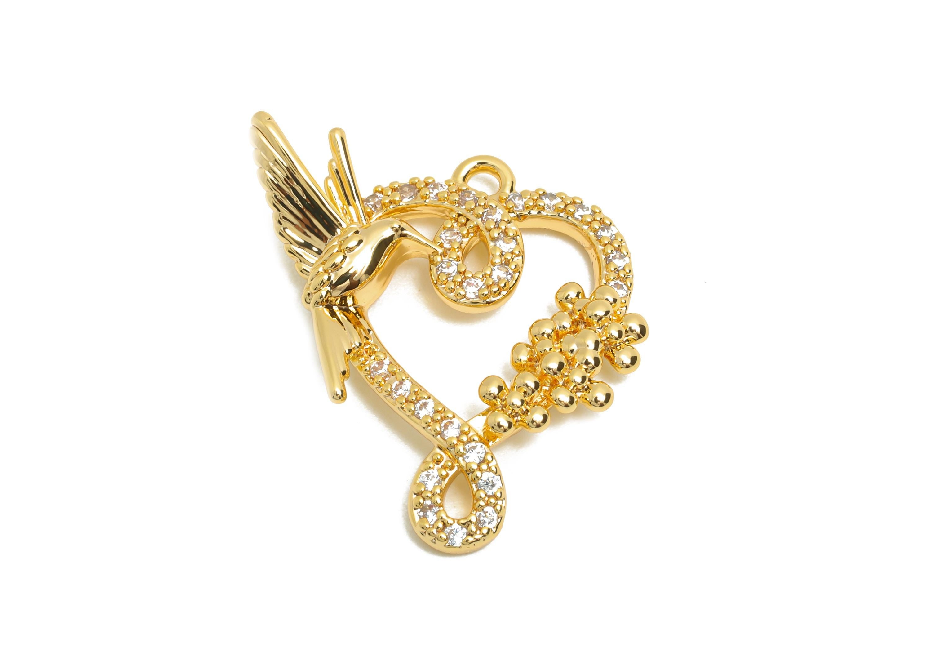Dainty Gold Hummingbird Pendant - Brass Crystal Heart Pendant for Necklaces - 18K Real Gold Plating - Gold Jewelry - 19x17x2.73mm - RGP10825 - DOMEDBAZAAR