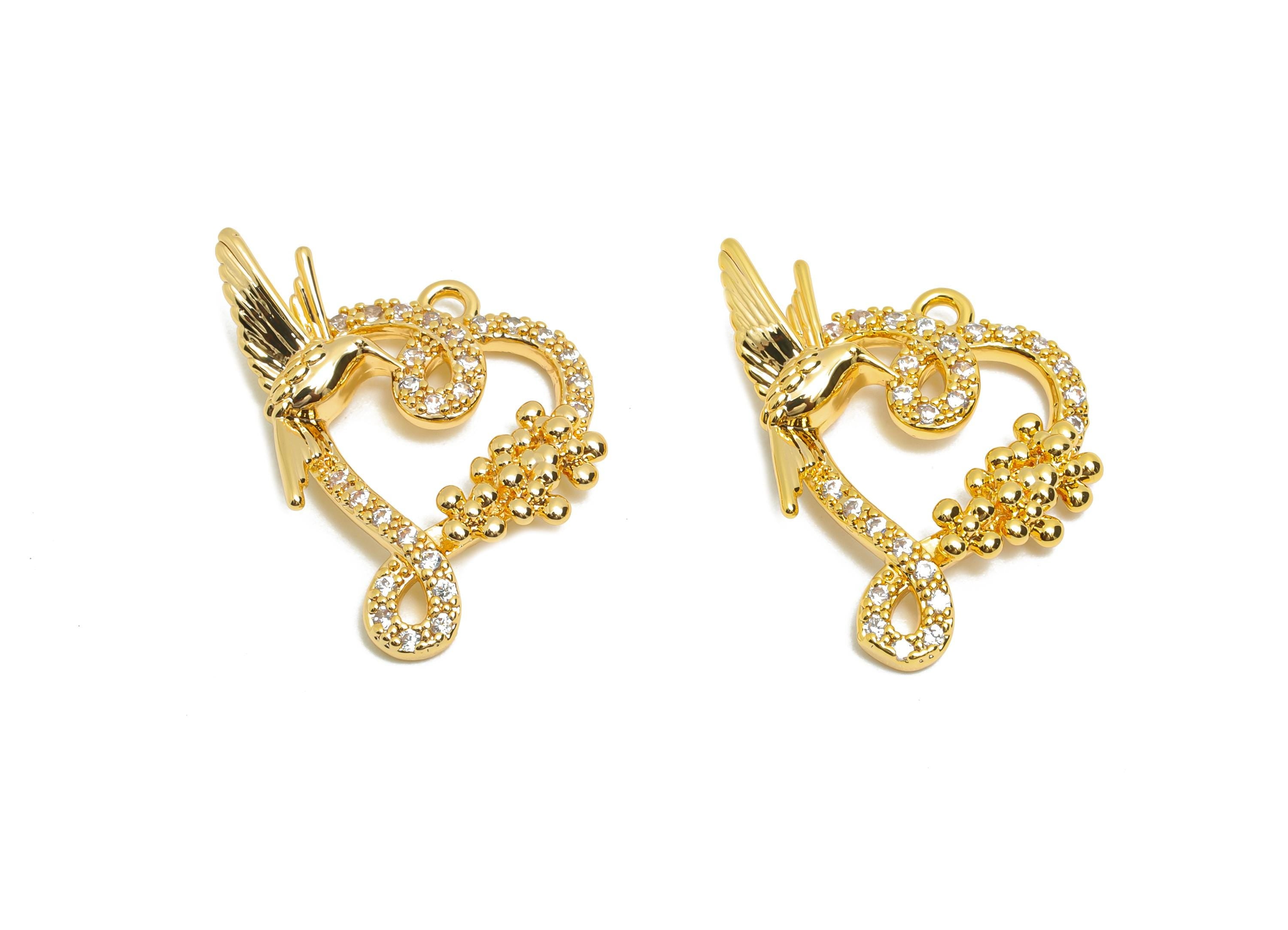 Dainty Gold Hummingbird Pendant - Brass Crystal Heart Pendant for Necklaces - 18K Real Gold Plating - Gold Jewelry - 19x17x2.73mm - RGP10825 - DOMEDBAZAAR